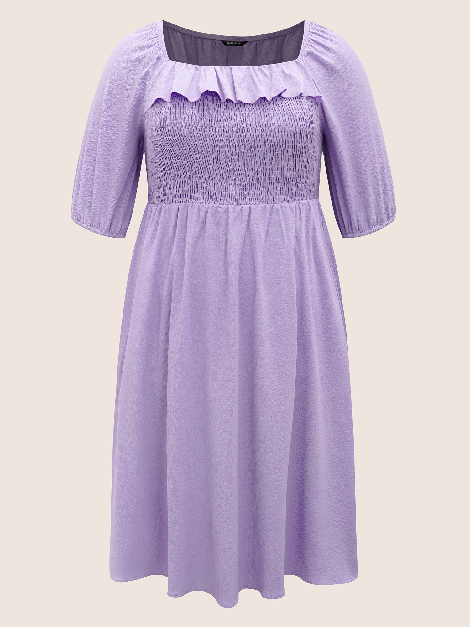 

Plus Size Square Neck Solid Ruffle Trim Shirred Dress Lavender Women Shirred Curvy BloomChic