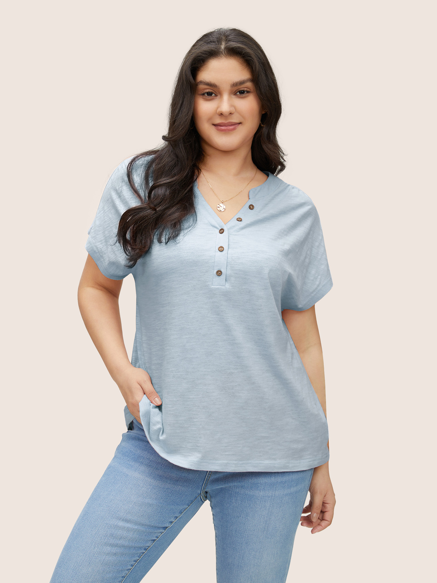 

Plus Size Cotton Solid Notched Dolman Sleeve T-shirt LightBlue Women Casual Non Plain Notched collar Everyday T-shirts BloomChic