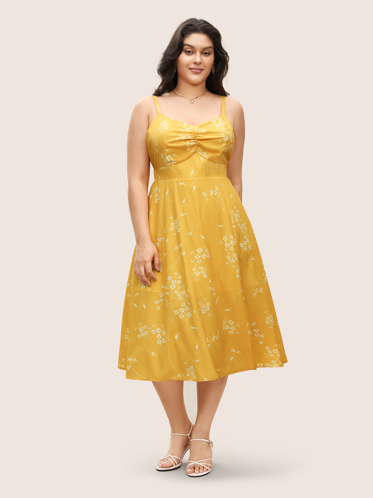 

Plus Size Ditsy Floral Ruched Adjustable Straps Dress Yellow Women Elegant Gathered Non Sleeveless Curvy BloomChic