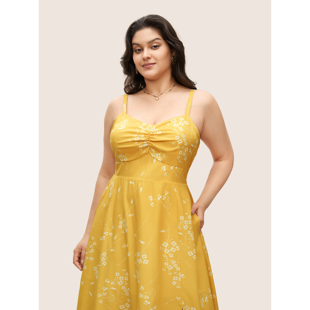 

Plus Size Ditsy Floral Ruched Adjustable Straps Dress Yellow Women Gathered Curvy BloomChic