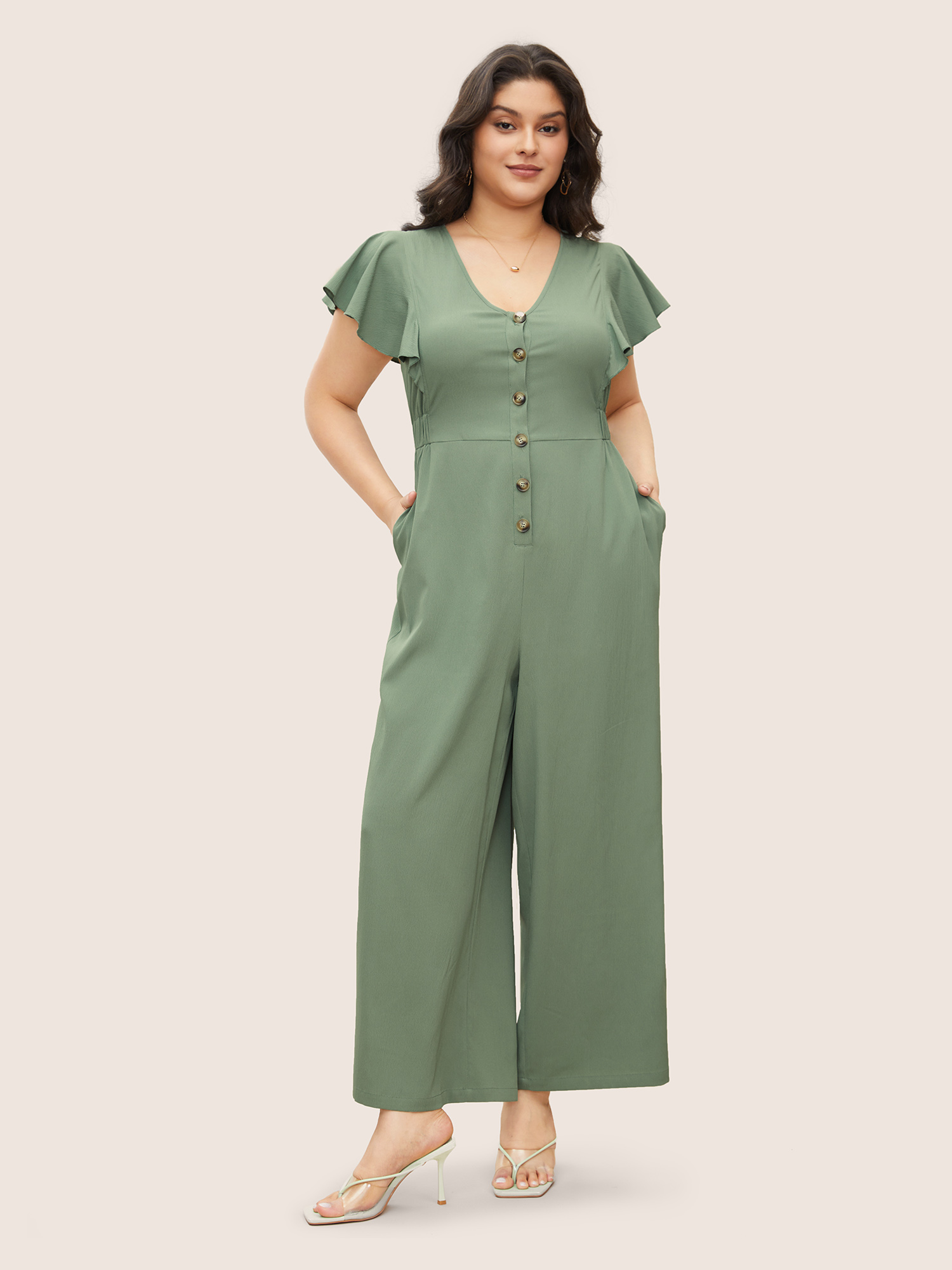 

Plus Size Sage Solid Button Up Ruffle Cap Sleeve Jumpsuit Women Elegant Cap Sleeve V-neck Everyday Loose Jumpsuits BloomChic