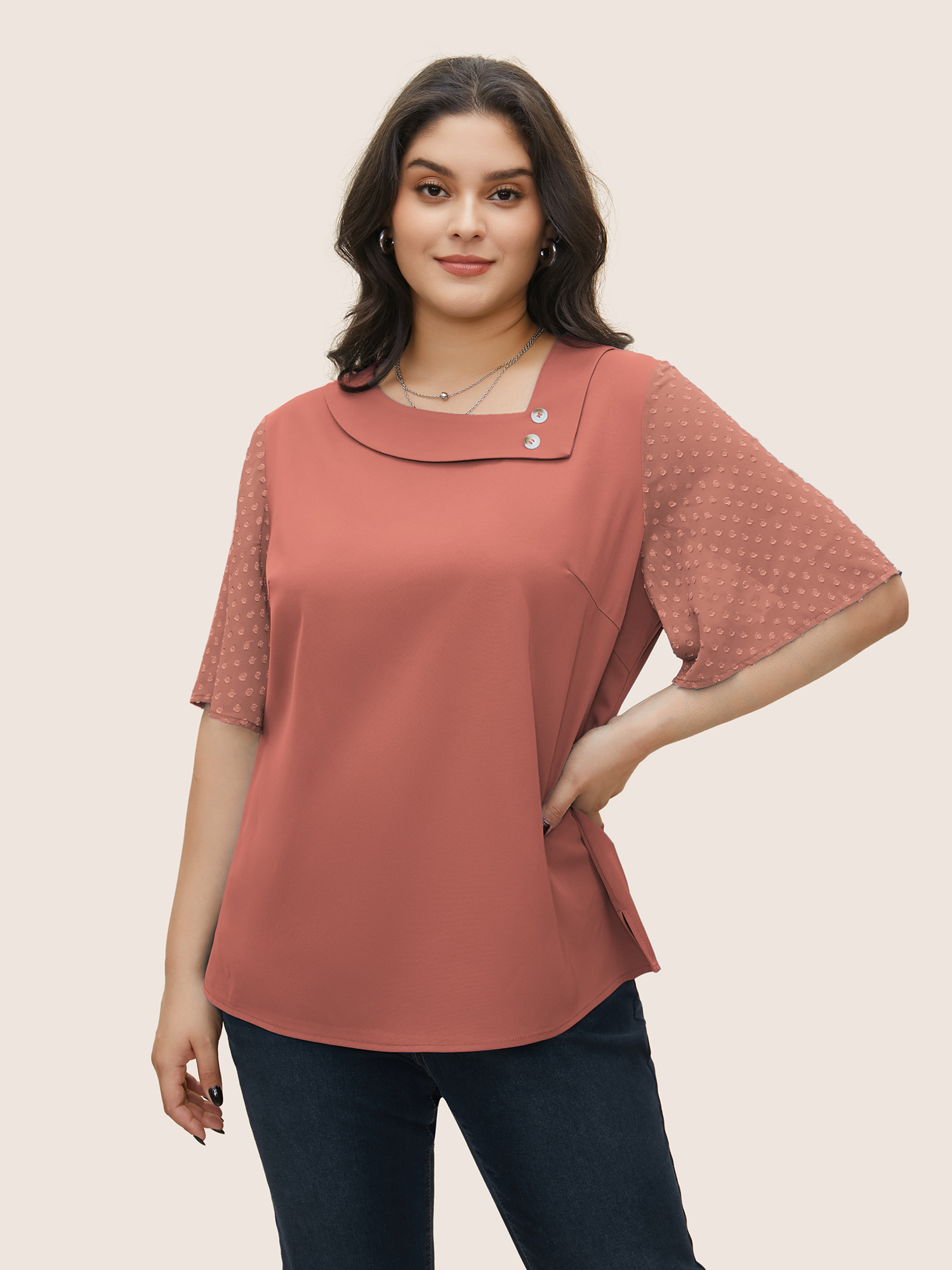 

Plus Size DustyPink Patchwork Chiffon Asymmetrical Neck Button Detail Blouse Women At the Office Half Sleeve Asymmetrical Neck Work Blouses BloomChic