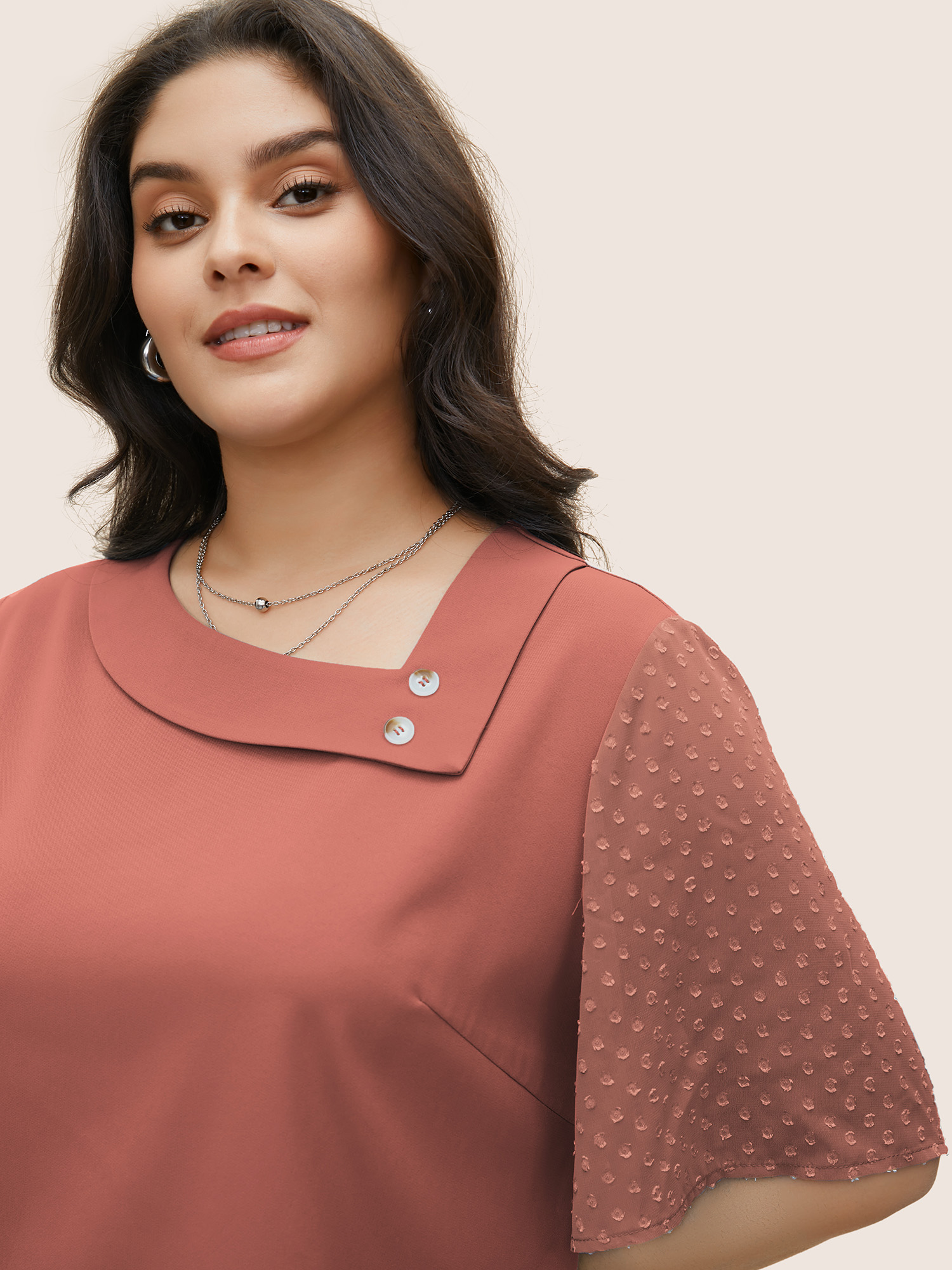 Plus Size DustyPink Patchwork Chiffon Asymmetrical Neck Button Detail Blouse Women At the Office Half Sleeve Asymmetrical Neck Work Blouses BloomChic 10/M 