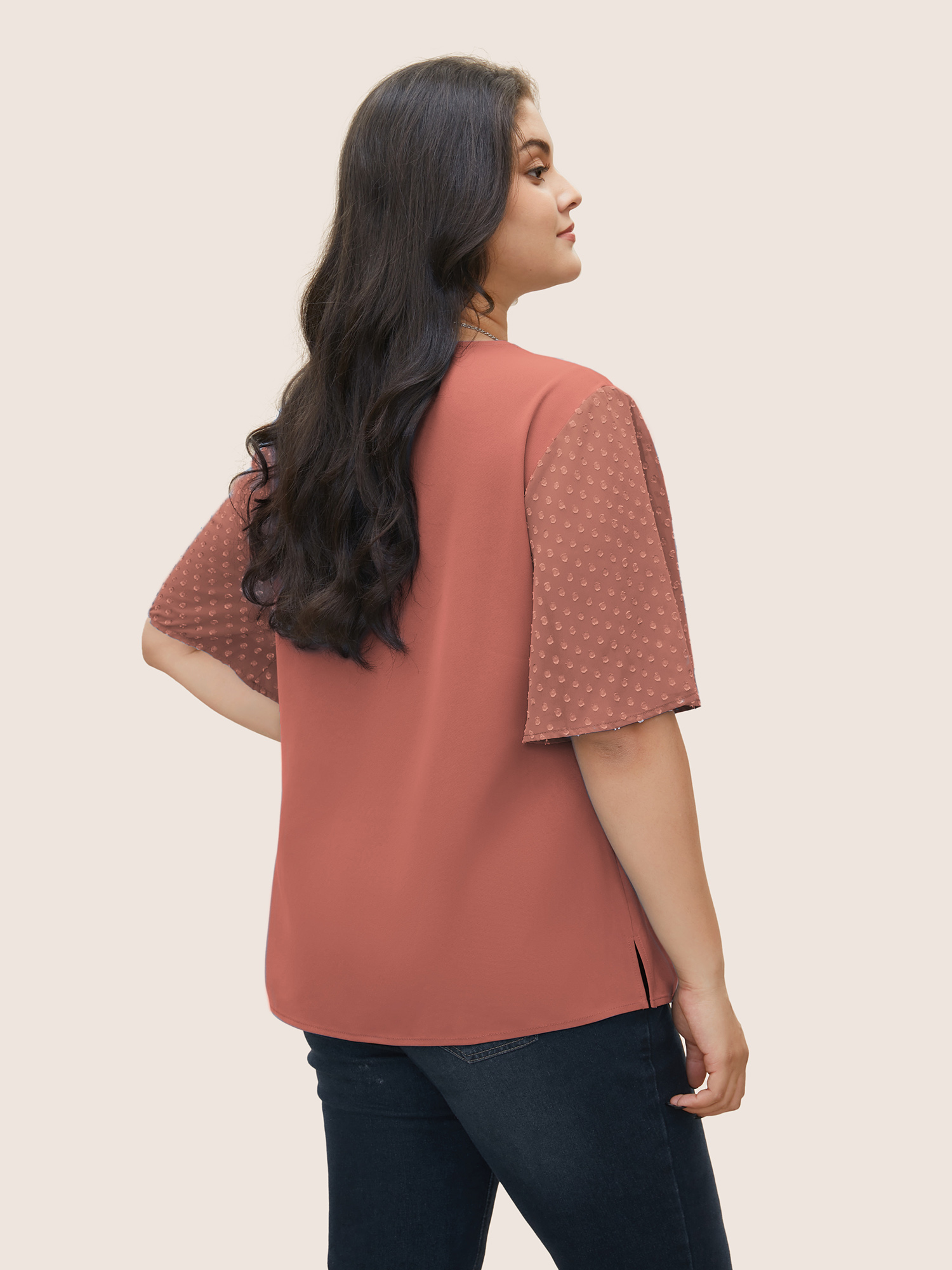 Plus Size DustyPink Patchwork Chiffon Asymmetrical Neck Button Detail Blouse Women At the Office Half Sleeve Asymmetrical Neck Work Blouses BloomChic 10/M 