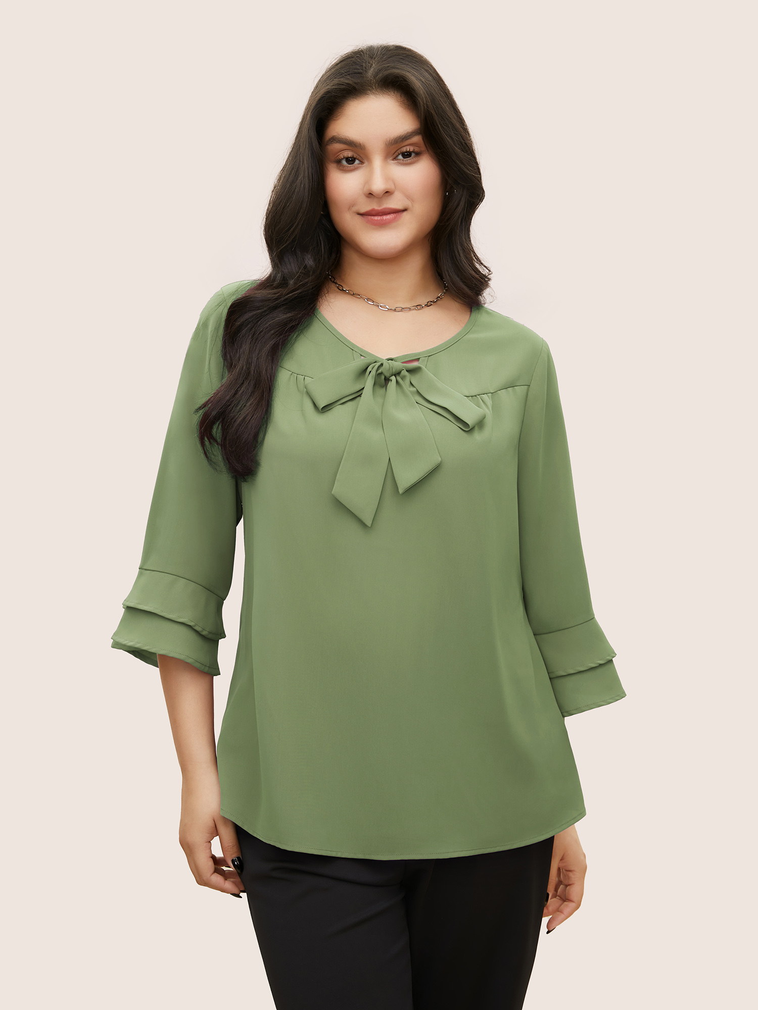 

Plus Size Sage Solid Ribbon Tied Collar Bell Sleeve Blouse Women At the Office Elbow-length sleeve Ribbon-tied collar Work Blouses BloomChic