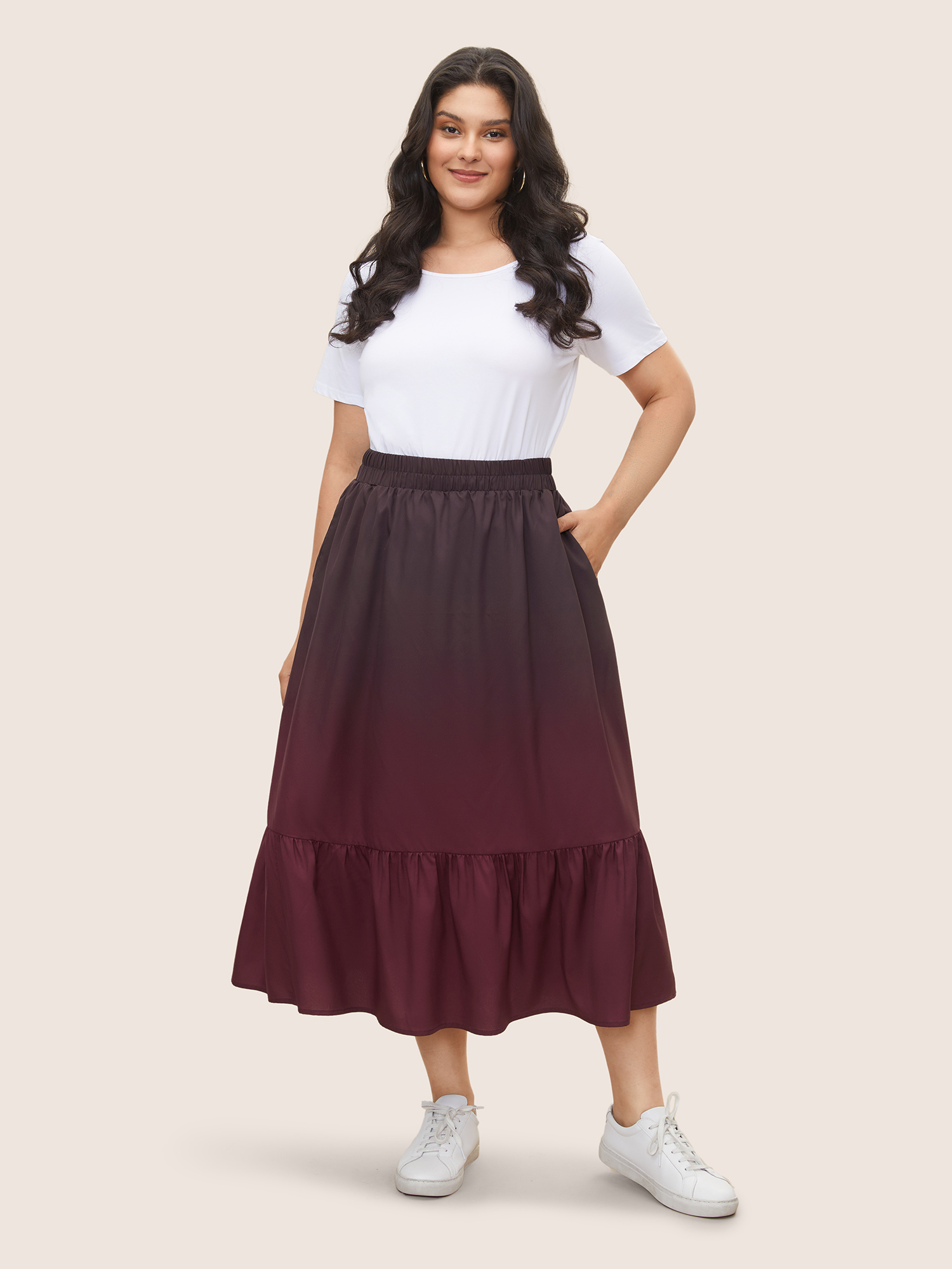 Plus Size Ombre Patchwork Ruffle Hem Pocket Skirt Women Eggplant Casual Patchwork No stretch Slanted pocket Everyday Skirts BloomChic 28/5X 