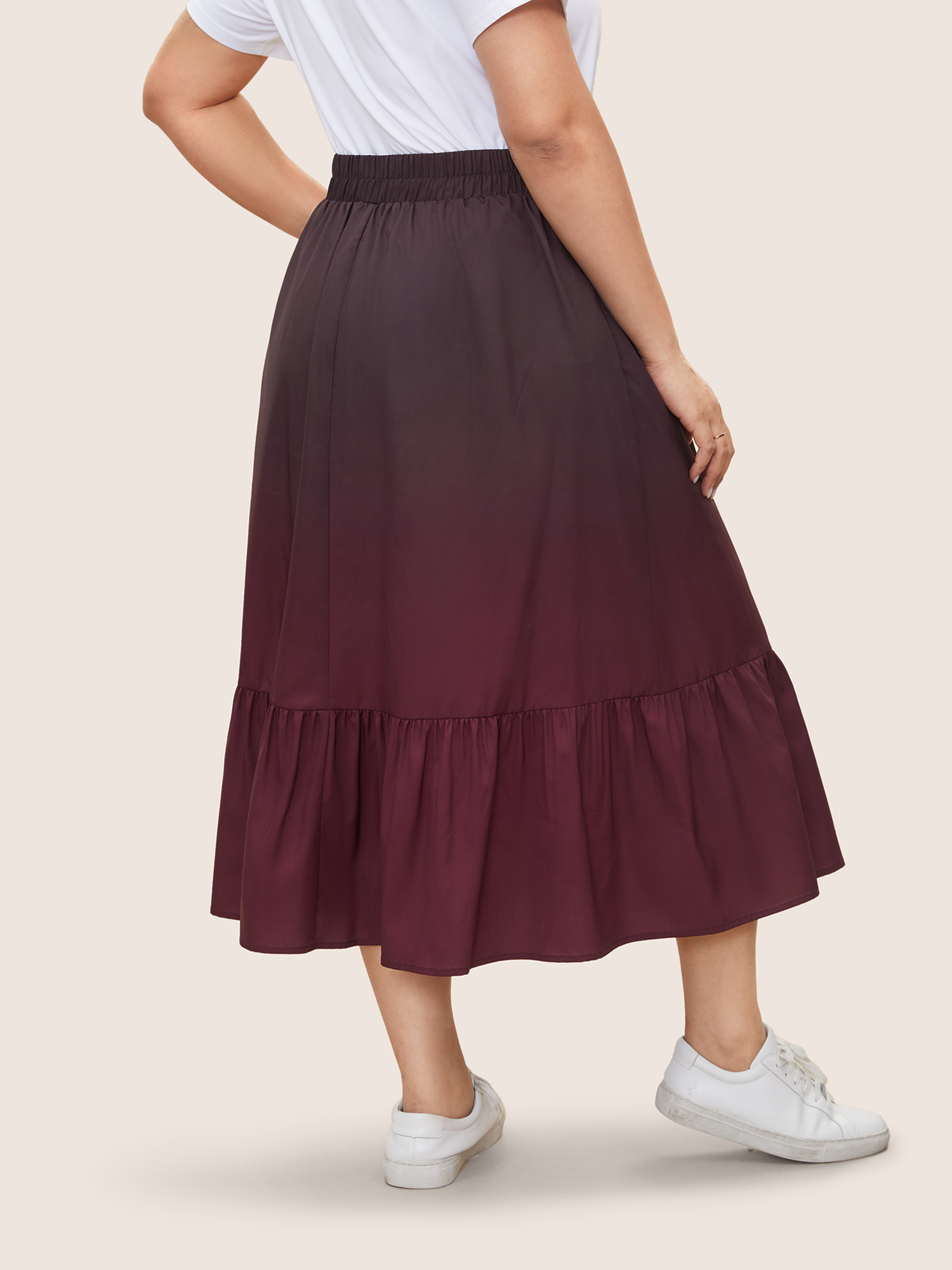 Plus Size Ombre Patchwork Ruffle Hem Pocket Skirt Women Eggplant Casual Patchwork No stretch Slanted pocket Everyday Skirts BloomChic 28/5X 