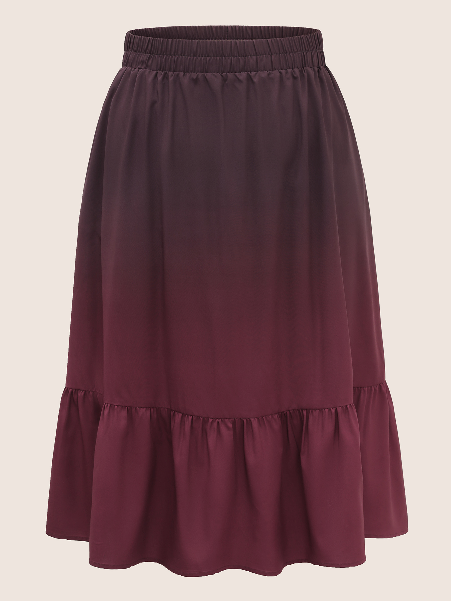 Plus Size Ombre Patchwork Ruffle Hem Pocket Skirt Women Eggplant Casual Patchwork No stretch Slanted pocket Everyday Skirts BloomChic 28/5X 