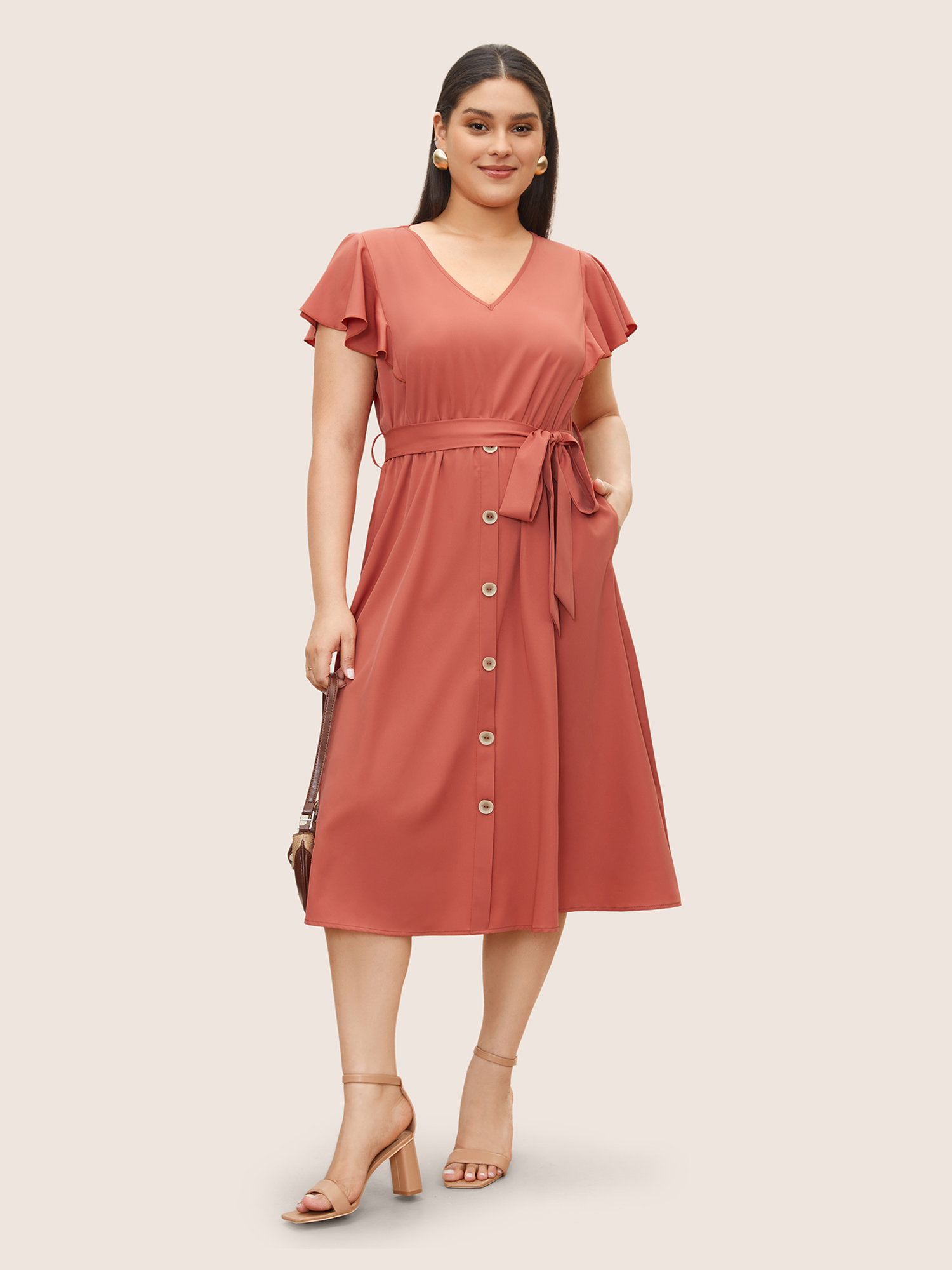 

Plus Size Plain Ruffle Cap Sleeve Button Detail Dress Crimson Women Belted Curvy Midi Dress BloomChic