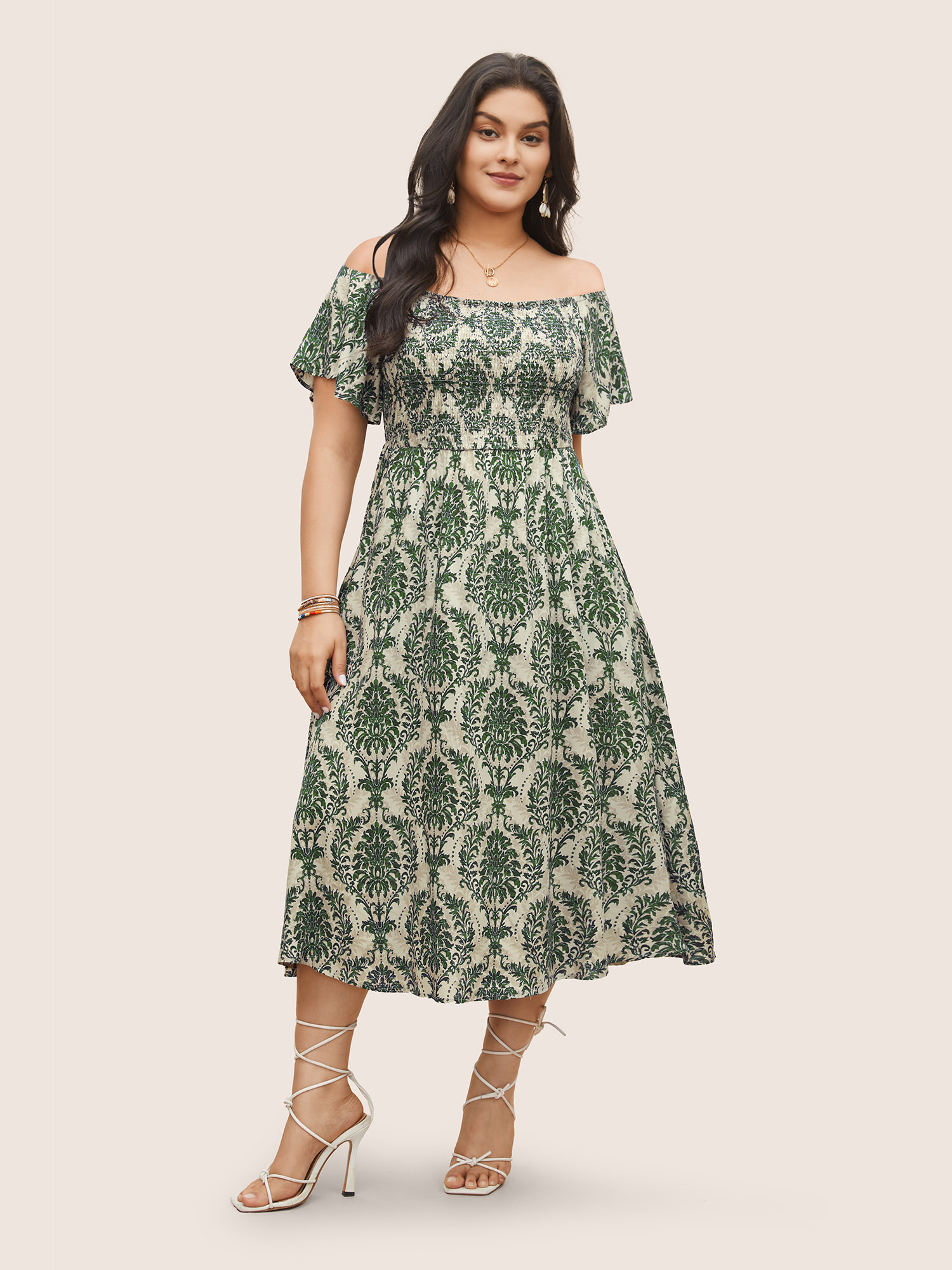 Plus Size Bandana Print Shirred Off Shoulder Dress Moss Women Non One-shoulder neck Short sleeve Curvy Midi Dress BloomChic 10/M 