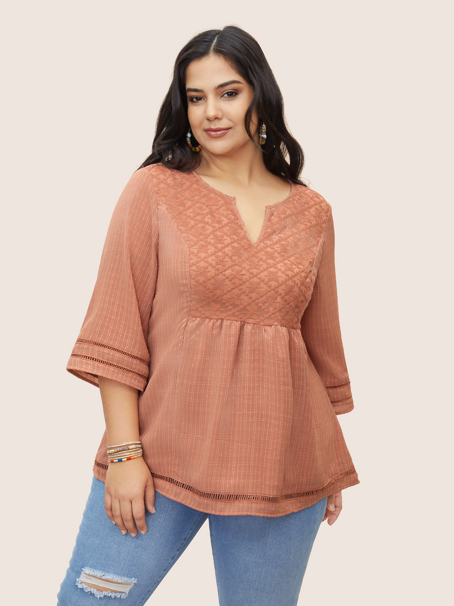 

Plus Size Coral Solid Notched Lace Panel Bell Sleeve Blouse Women Resort Elbow-length sleeve Flat collar with V-notch Vacation Blouses BloomChic