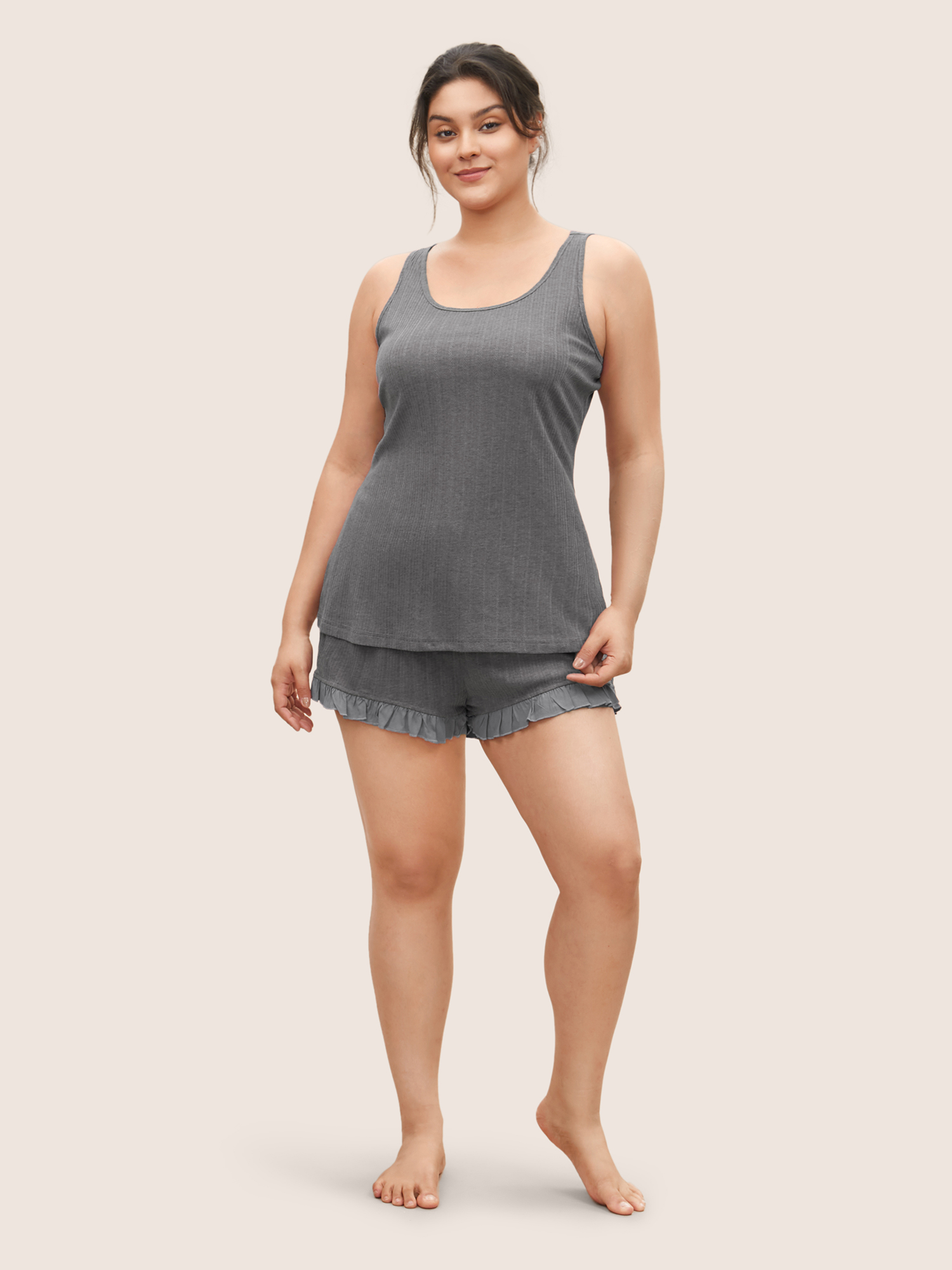 Plus Size Texture Patchwork Ruffles Drawstring Loungewear Set Women DarkGray Texture Sleeveless Non Lounge Loungewear Sets BloomChic 12/L 