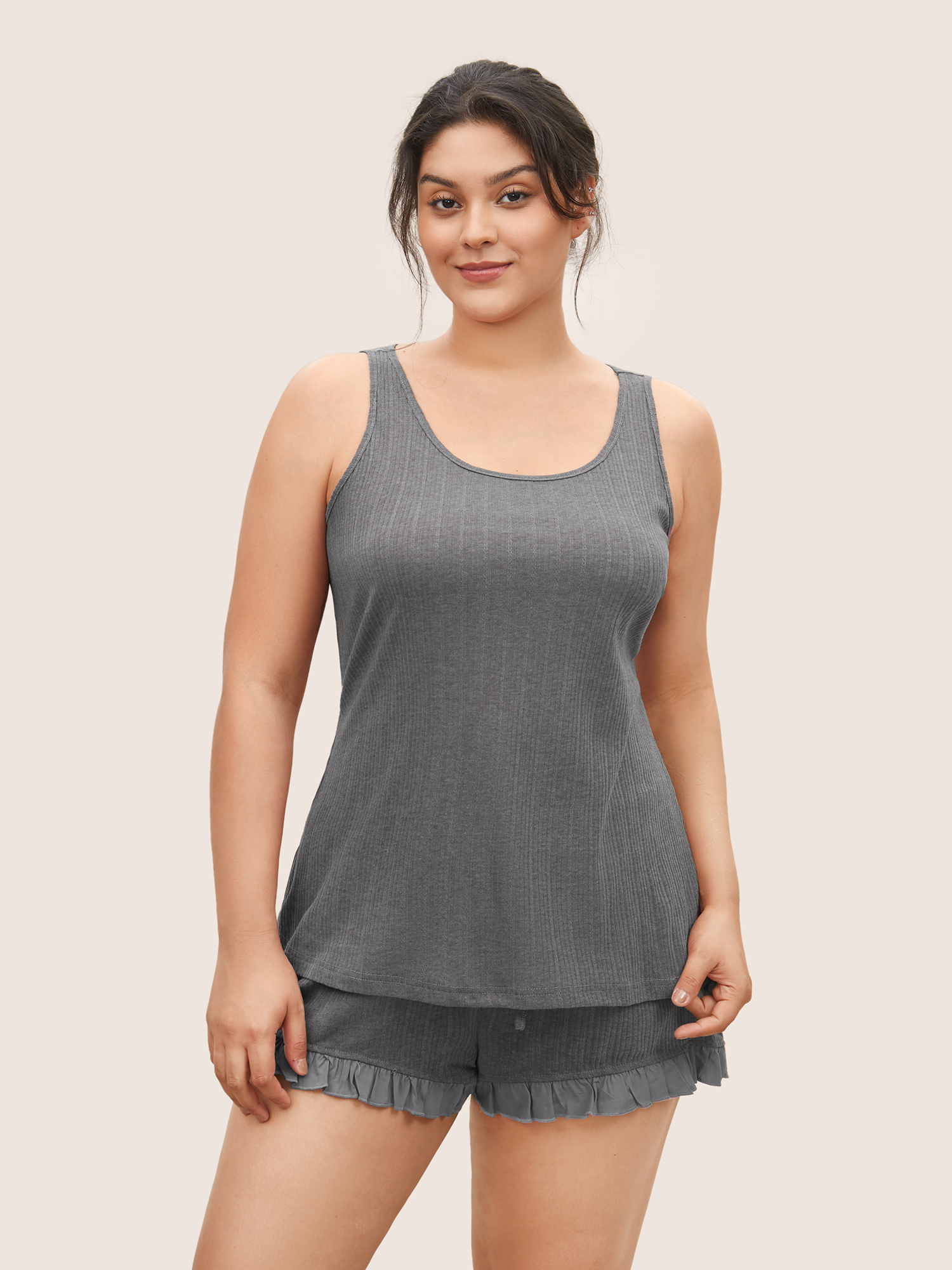 Plus Size Texture Patchwork Ruffles Drawstring Loungewear Set Women DarkGray Texture Sleeveless Non Lounge Loungewear Sets BloomChic 12/L 
