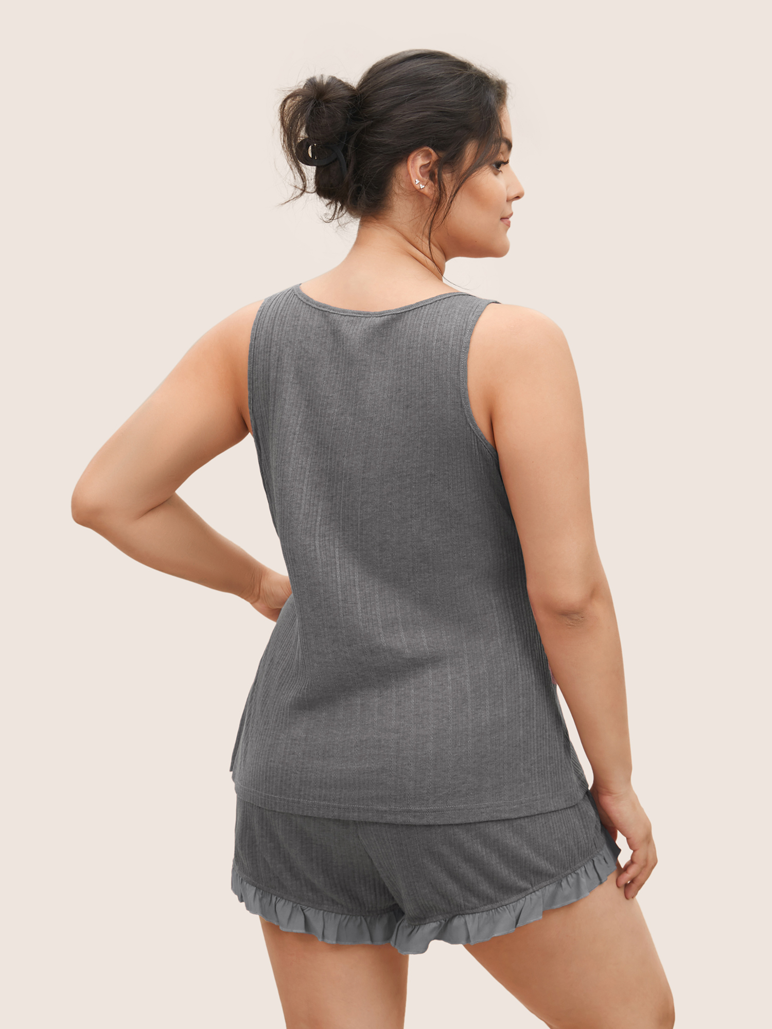 Plus Size Texture Patchwork Ruffles Drawstring Loungewear Set Women DarkGray Texture Sleeveless Non Lounge Loungewear Sets BloomChic 12/L 