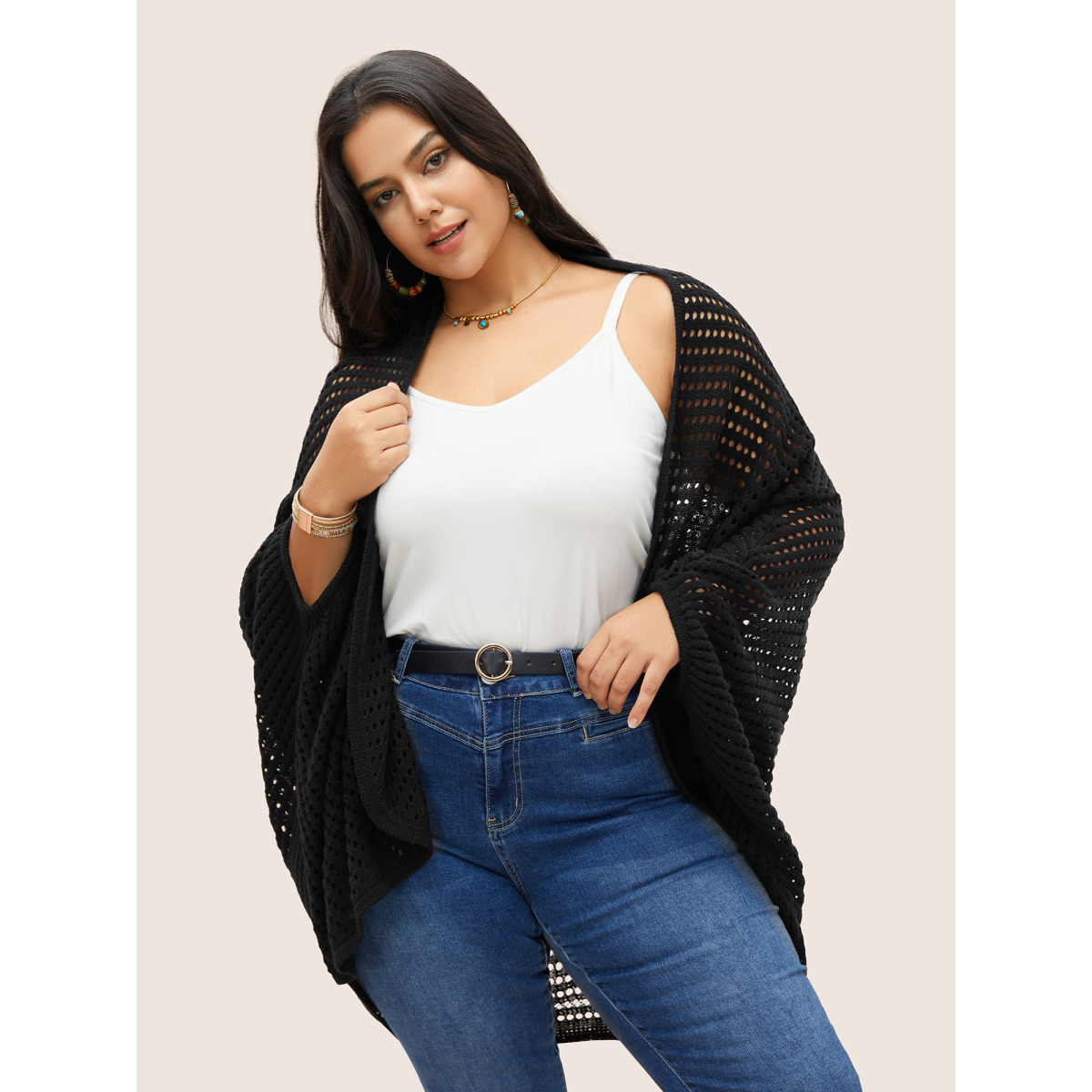 

Plus Size Plain Pointelle Knit Batwing Sleeve Cardigan Black Women Casual Loose Long Sleeve Everyday Cardigans BloomChic