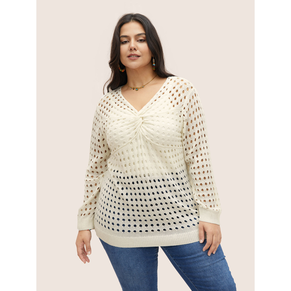 

Plus Size Twist Front Pointelle Knit Split Hem Pullover Ivory Women Casual Long Sleeve Deep V-neck Everyday Pullovers BloomChic
