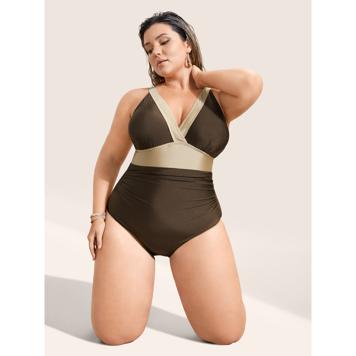 

Plus Size Two Tone Wrap Ruched One Piece Swimsuit Women's Swimwear DarkBrown Beach Gathered Curve Bathing Suits High stretch One Pieces BloomChic