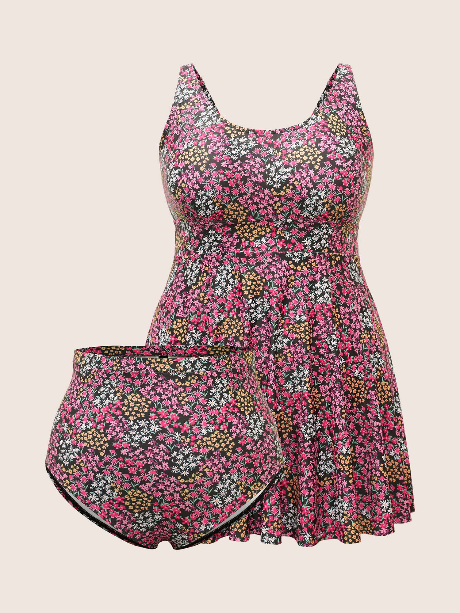 Plus Size Ditsy Floral U Neck High Rise Swim Dress Women`s Swimwear Multicolor Beach Bodycon U-neck High stretch Curve Swim Dresses BloomChic 18-20/2X 