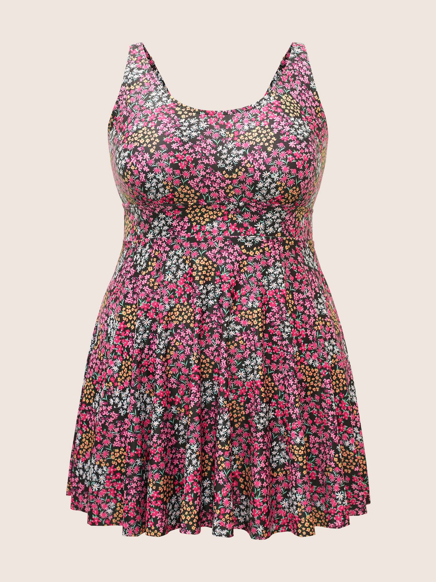 Plus Size Ditsy Floral U Neck High Rise Swim Dress Women`s Swimwear Multicolor Beach Bodycon U-neck High stretch Curve Swim Dresses BloomChic 18-20/2X 