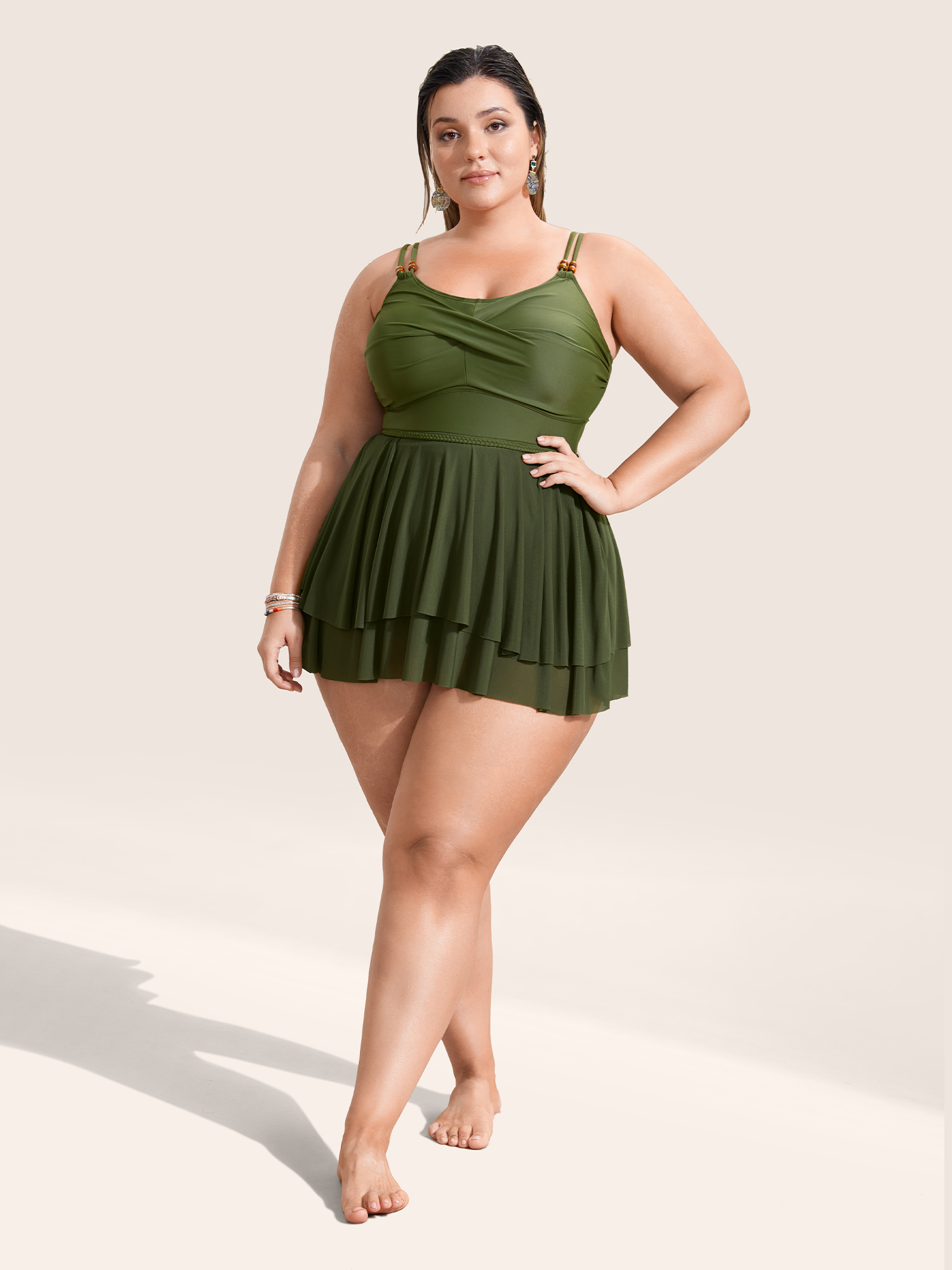 Plus Size Solid Twist Front Tiered Hem Swim Dress Women`s Swimwear ArmyGreen Beach Bodycon High stretch Curve Swim Dresses BloomChic 10/M 