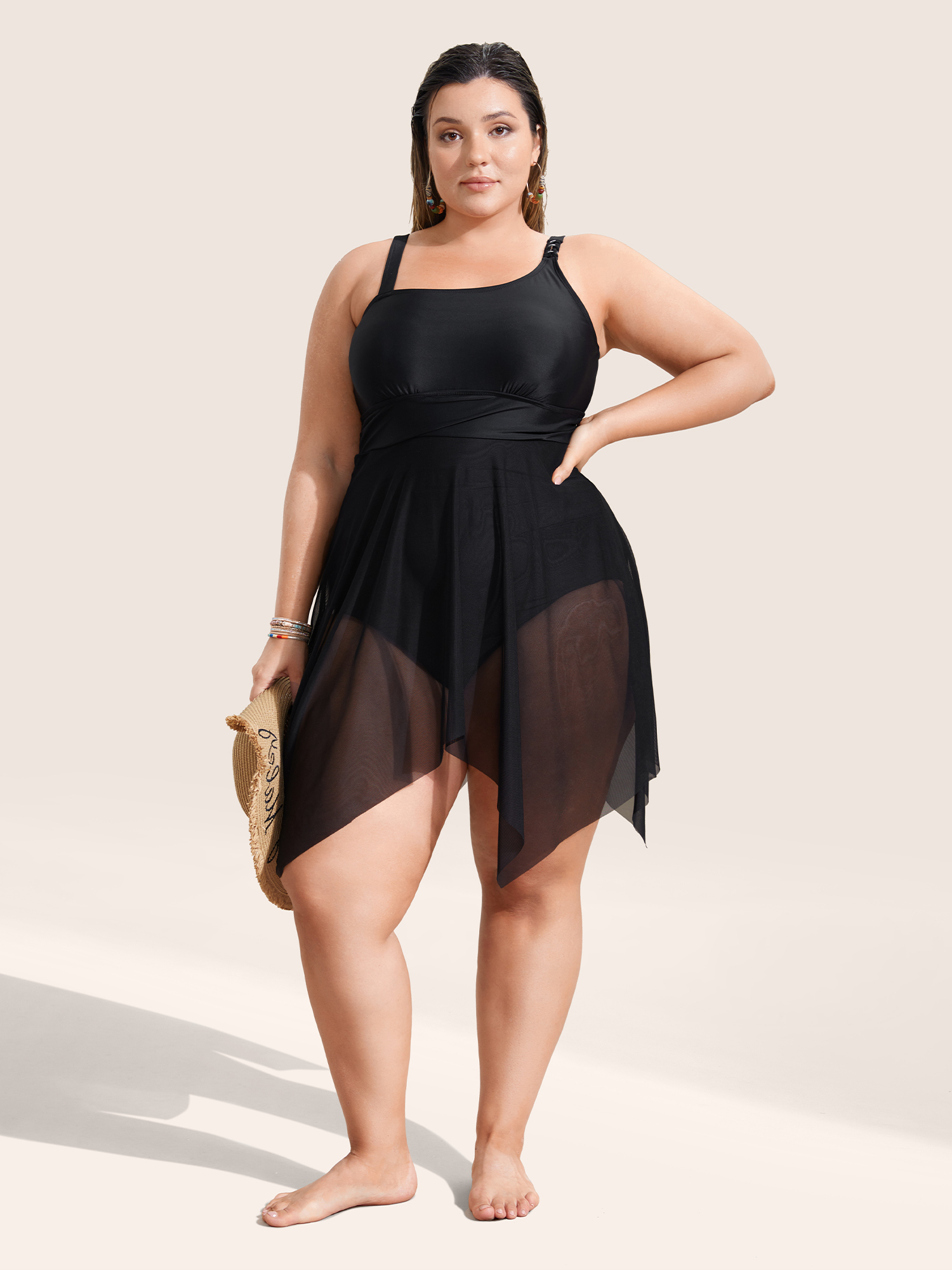 

Plus Size Asymmetrical Neck Mesh Patchwork Swim Dress Women's Swimwear Black Beach Bodycon Asymmetrical Neck High stretch Curve Swim Dresses BloomChic