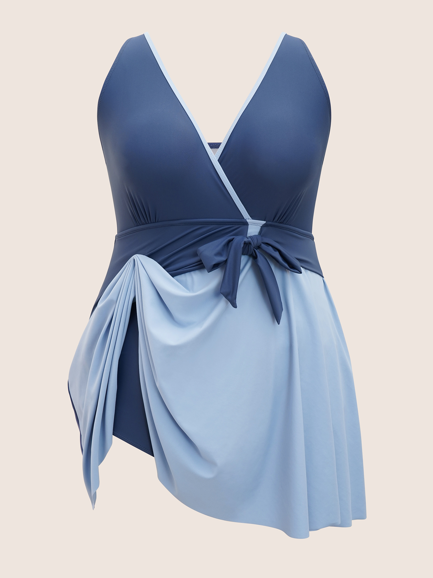 Plus Size Contrast V Neck Tie Knot Swim Dress Women`s Swimwear Indigo Beach Bodycon High stretch Curve Swim Dresses BloomChic 14-16/1X 