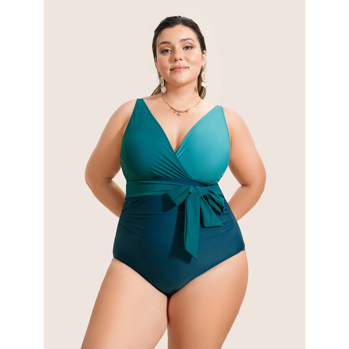 

Plus Size Contrast Patchwork Tie Knot One Piece Swimsuit Women's Swimwear Multicolor Beach Tie knot Curve Bathing Suits High stretch One Pieces BloomChic