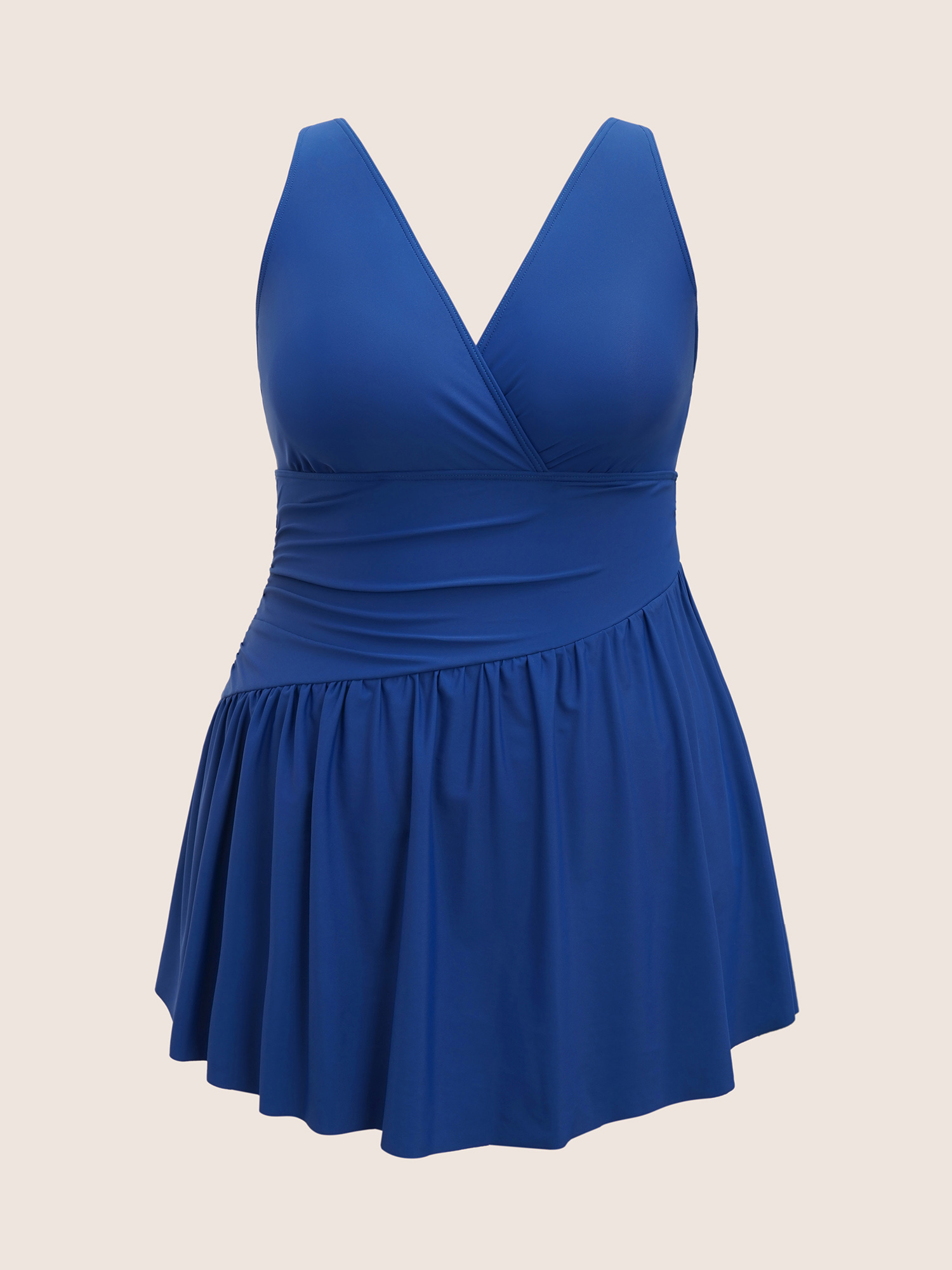 Plus Size Solid Surplice Neck Gathered Swim Dress Women`s Swimwear Indigo Beach Bodycon High stretch Curve Swim Dresses BloomChic 18-20/2X 