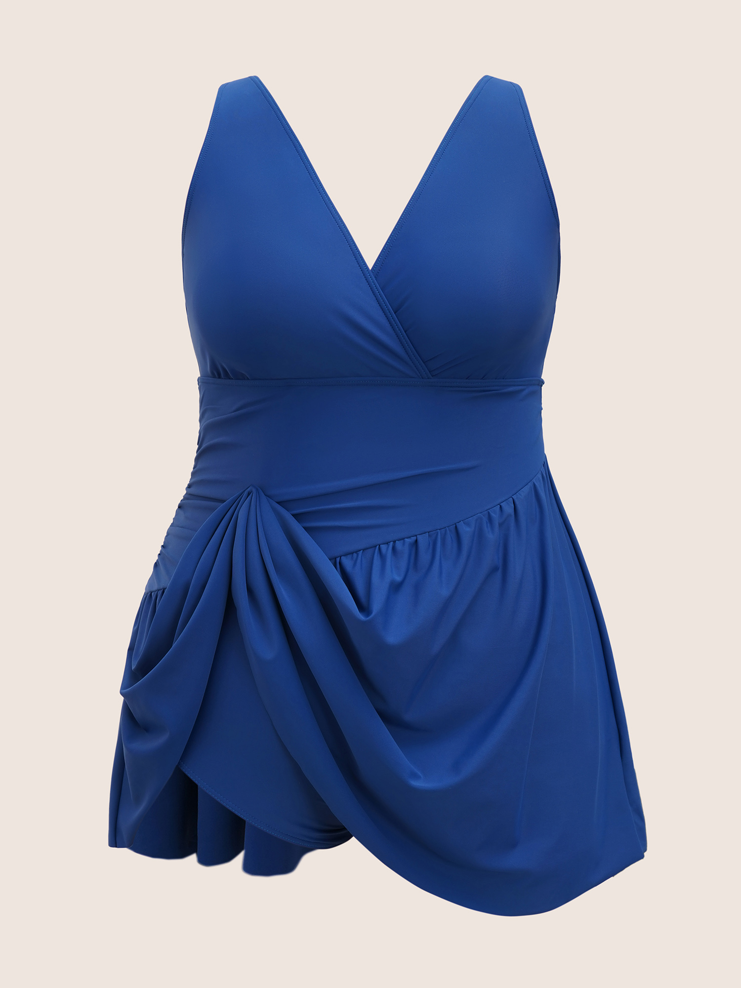 Plus Size Solid Surplice Neck Gathered Swim Dress Women`s Swimwear Indigo Beach Bodycon High stretch Curve Swim Dresses BloomChic 18-20/2X 