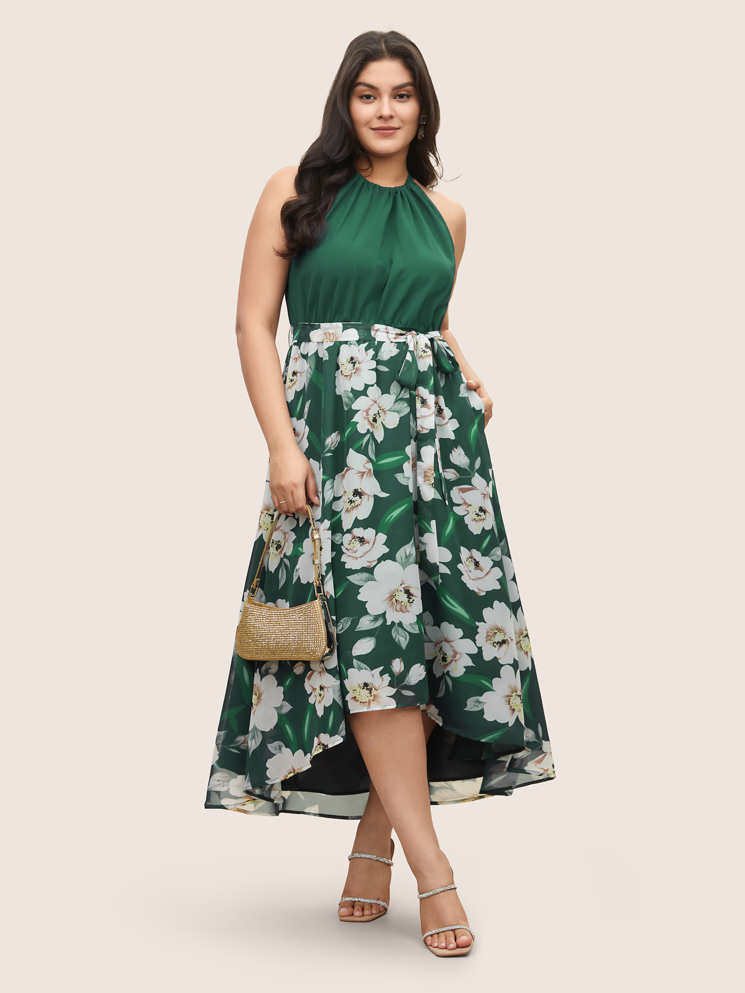 

Plus Size Floral Patchwork Halter Ties High Low Hem Dress Emerald Women Elegant Non Halter neck Sleeveless Curvy Midi Dress BloomChic