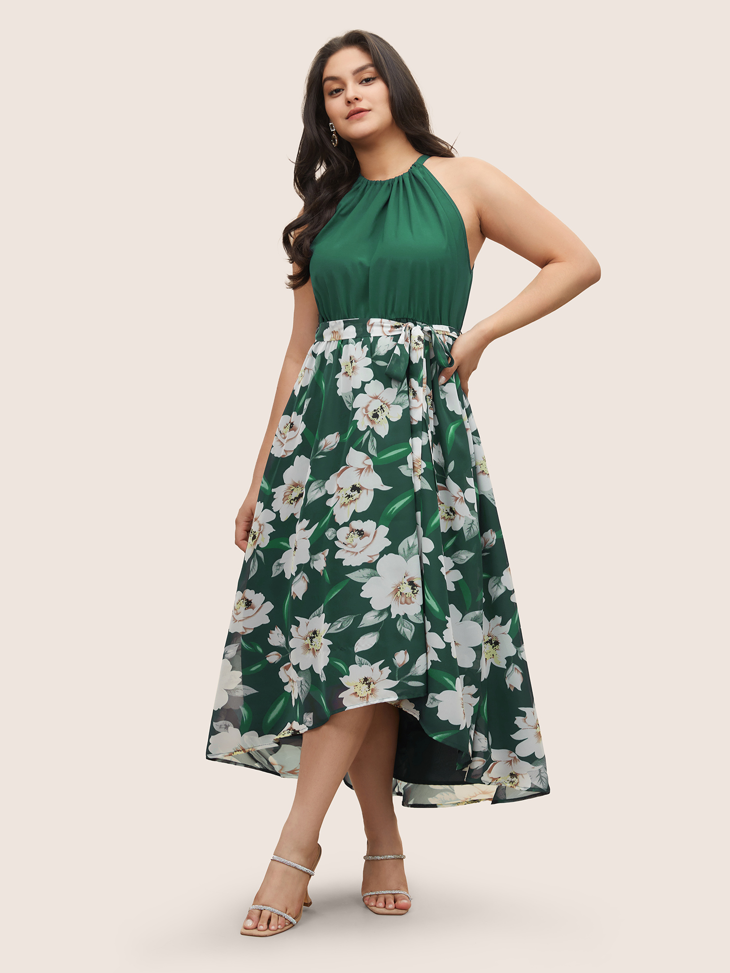 

Plus Size Floral Patchwork Halter Ties High Low Hem Dress Emerald Women Elegant Non Halter neck Sleeveless Curvy Midi Dress BloomChic