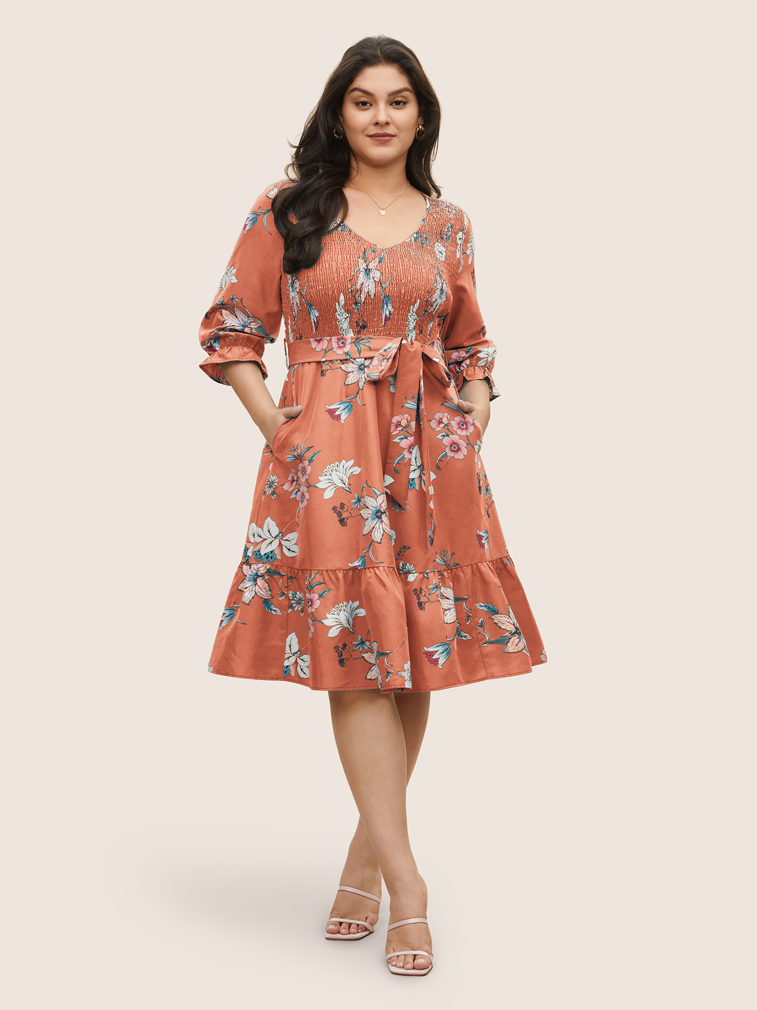 

Plus Size Floral Print Shirred Front Ruffle Sleeve Dress Coral Women Elegant Non V-neck Elbow-length sleeve Curvy Midi Dress BloomChic