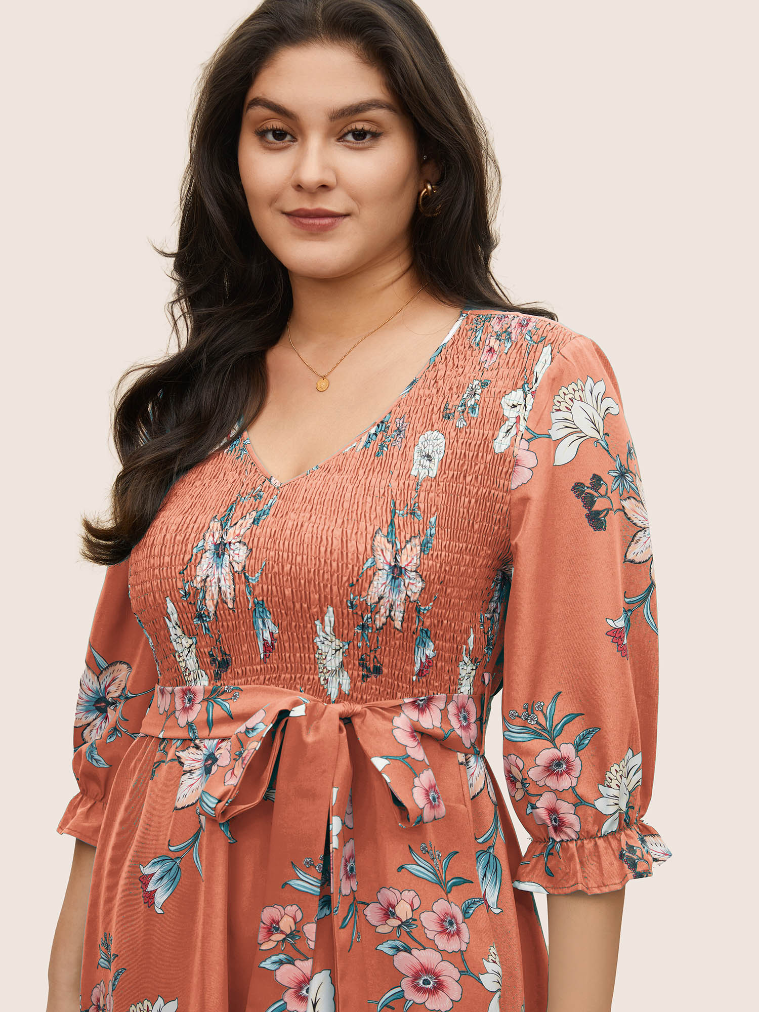 

Plus Size Floral Print Shirred Front Ruffle Sleeve Dress Coral Women Elegant Non V-neck Elbow-length sleeve Curvy Midi Dress BloomChic