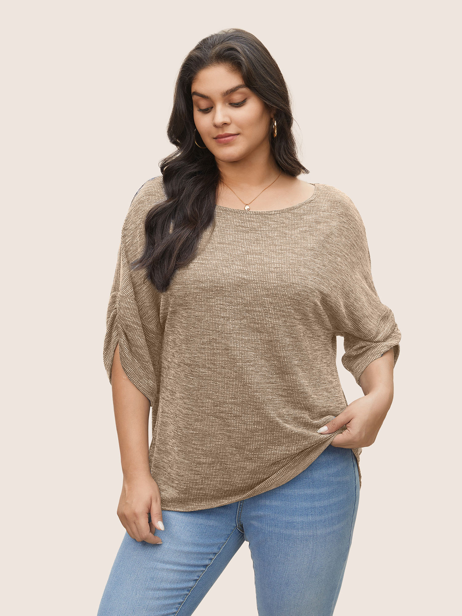 

Plus Size Boat Neck Gathered Dolman Sleeve T-shirt LightBrown Women Casual Texture Plain Round Neck Everyday T-shirts BloomChic