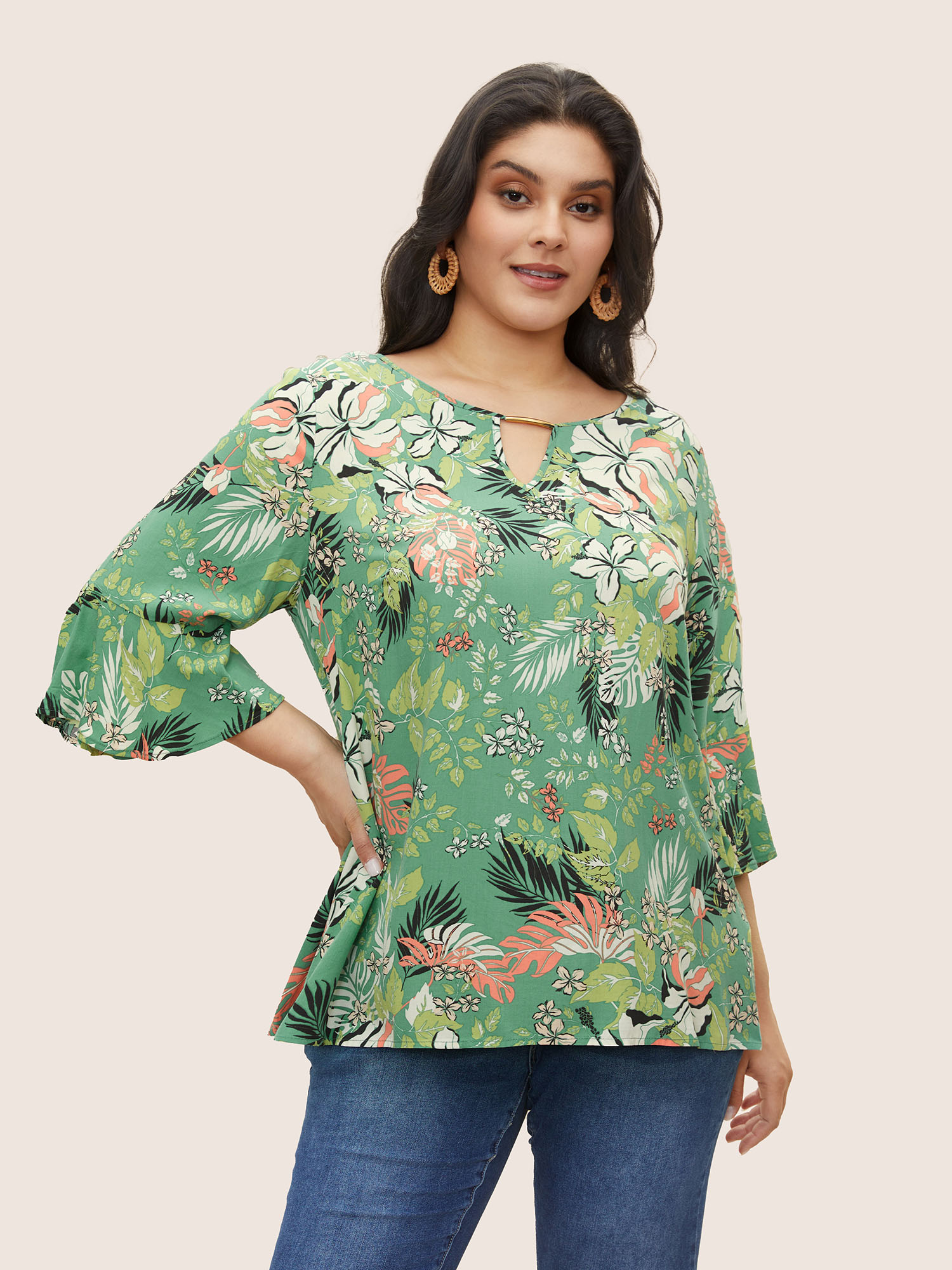 

Plus Size Mint Tropical Print Keyhole Flutter Sleeve Blouse Women Resort Elbow-length sleeve Round Neck Vacation Blouses BloomChic
