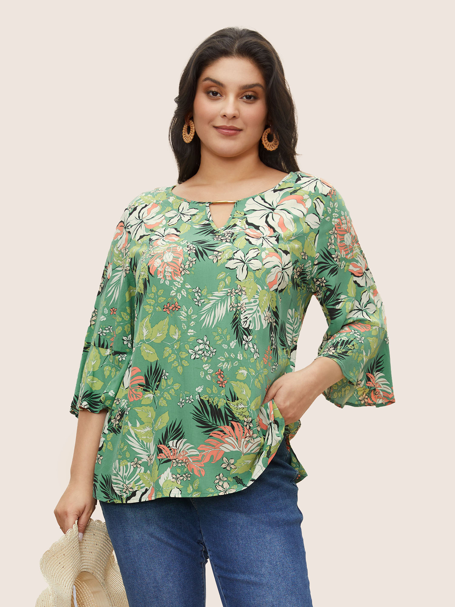 

Plus Size Mint Tropical Print Keyhole Flutter Sleeve Blouse Women Resort Elbow-length sleeve Round Neck Vacation Blouses BloomChic