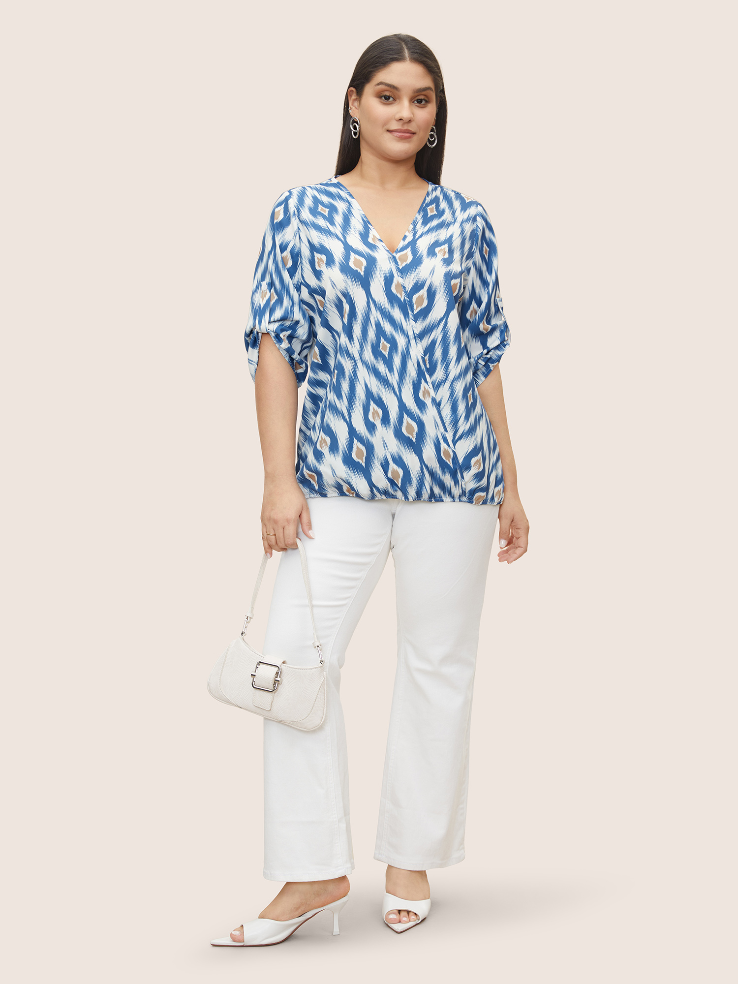 Plus Size Stone Geometric Surplice Neck Tab Sleeve Blouse Women Resort Elbow-length sleeve Overlap Collar Vacation Blouses BloomChic 30/6X 