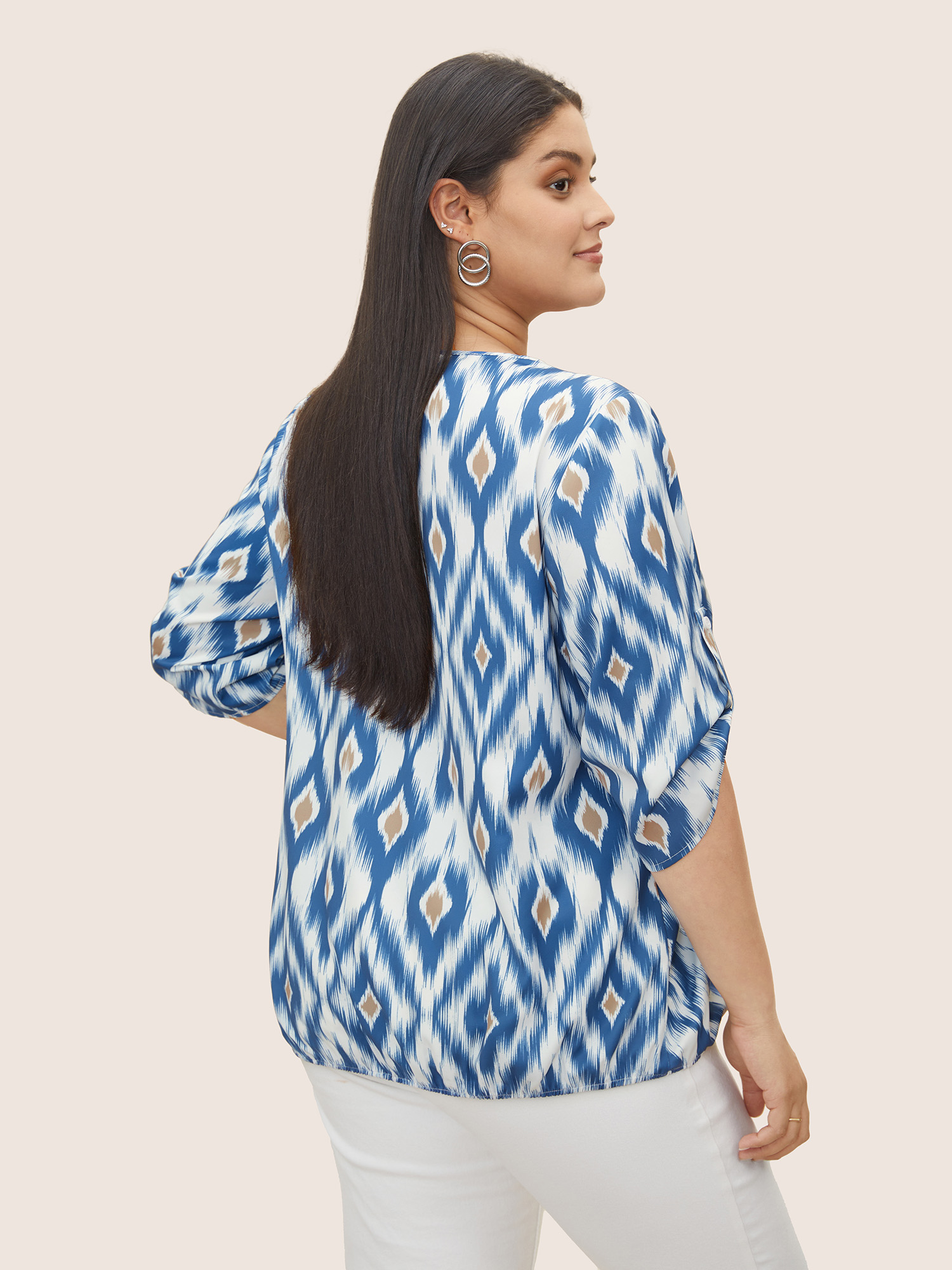 Plus Size Stone Geometric Surplice Neck Tab Sleeve Blouse Women Resort Elbow-length sleeve Overlap Collar Vacation Blouses BloomChic 30/6X 