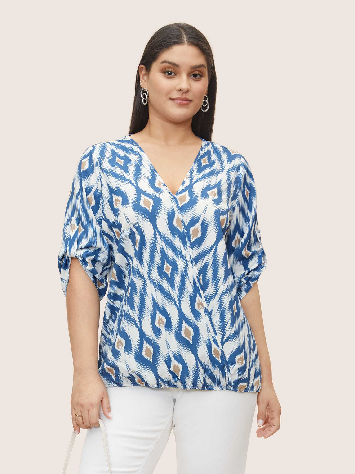 Plus Size Stone Geometric Surplice Neck Tab Sleeve Blouse Women Resort Elbow-length sleeve Overlap Collar Vacation Blouses BloomChic 30/6X 