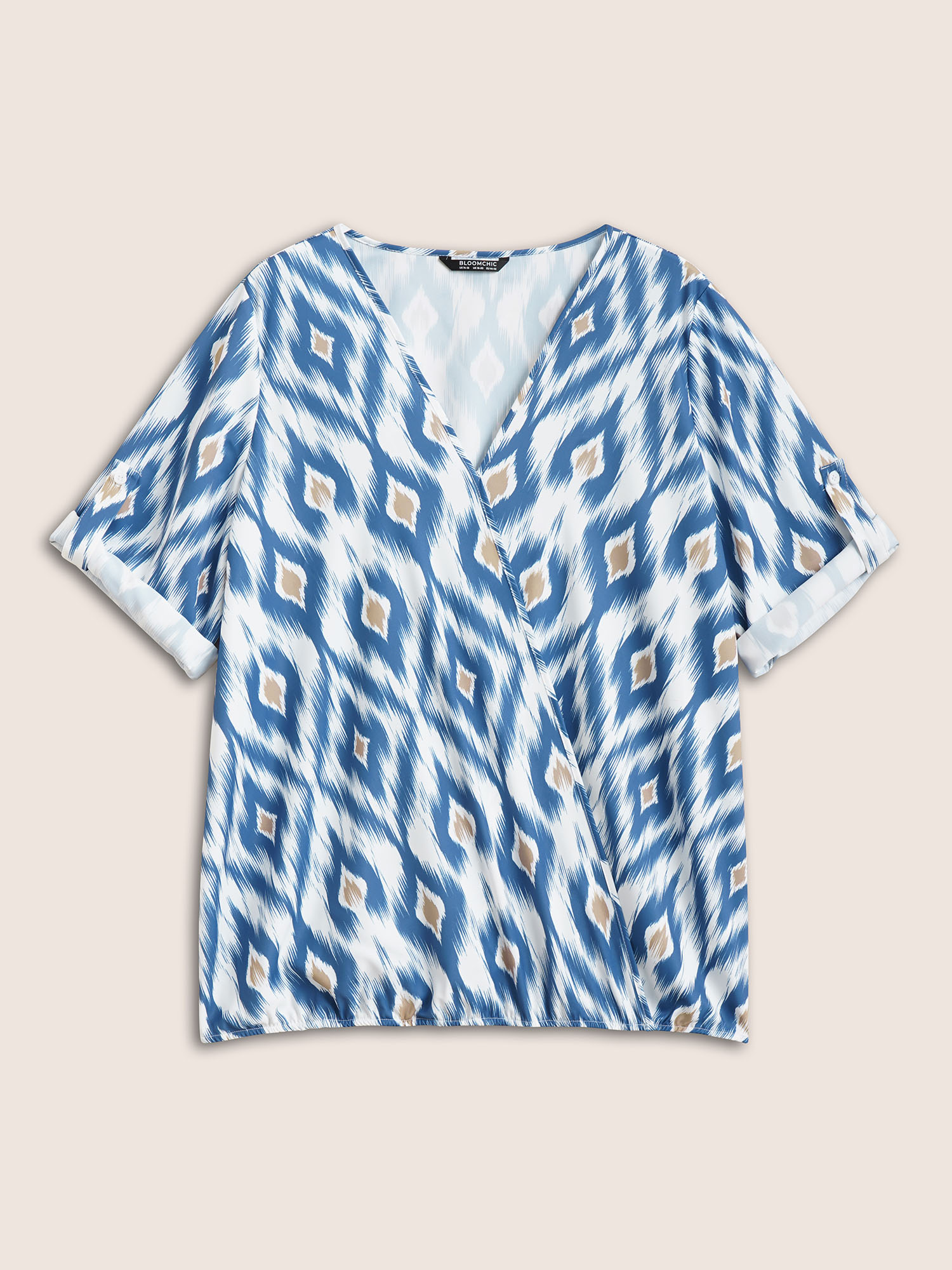 Plus Size Stone Geometric Surplice Neck Tab Sleeve Blouse Women Resort Elbow-length sleeve Overlap Collar Vacation Blouses BloomChic 30/6X 