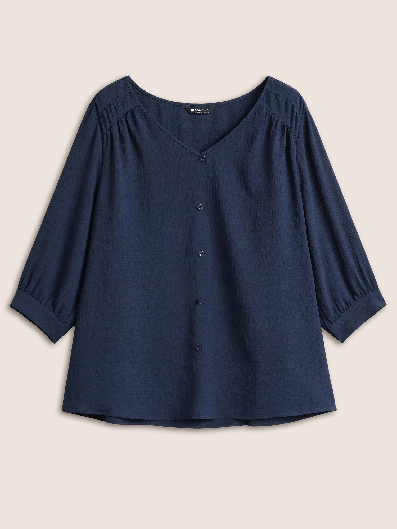 

Plus Size Indigo Solid Button Detail Gathered Lantern Sleeve Blouse Women Work From Home Elbow-length sleeve V-neck Work Blouses BloomChic
