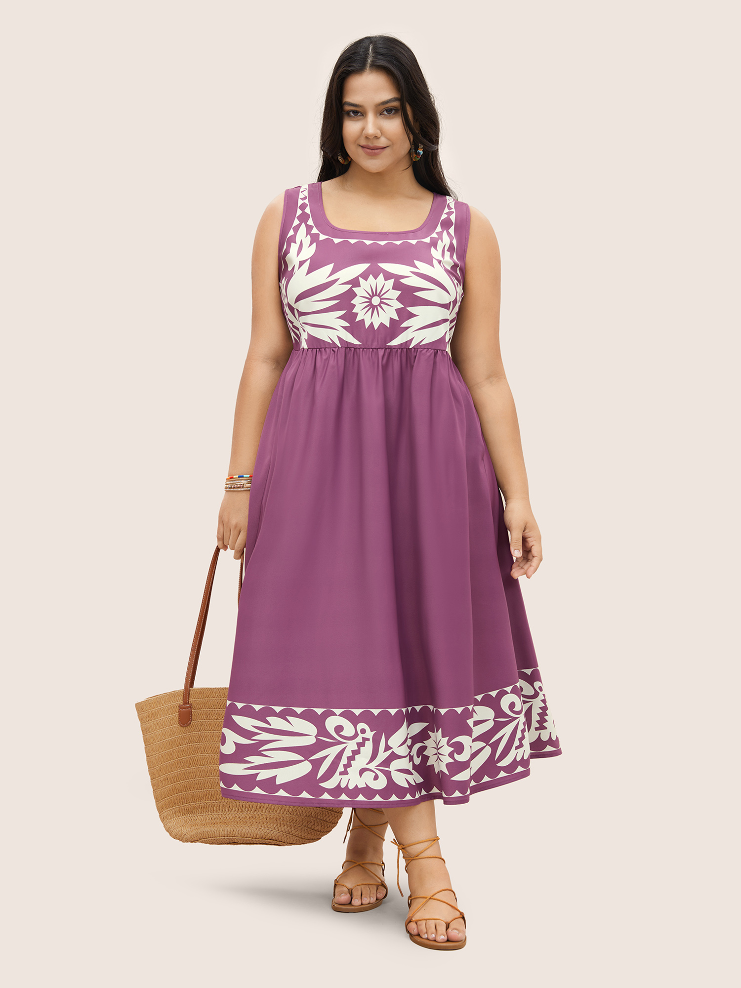 

Plus Size Boho Print Square Neck Elastic Waist Tank Dress Purple Women Resort Gathered Round Neck Sleeveless Curvy Midi Dress BloomChic