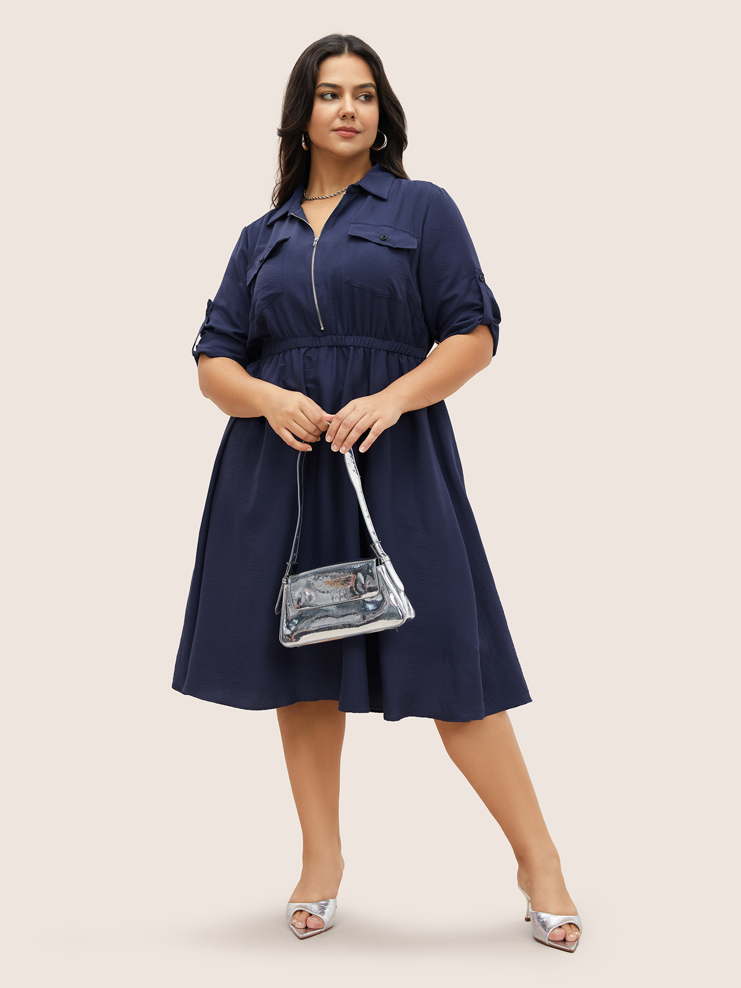 

Plus Size Flap Pocket Half Zip Tab Sleeve Dress DarkBlue Women At the Office Gathered Polo Elbow-length sleeve Curvy Midi Dress BloomChic