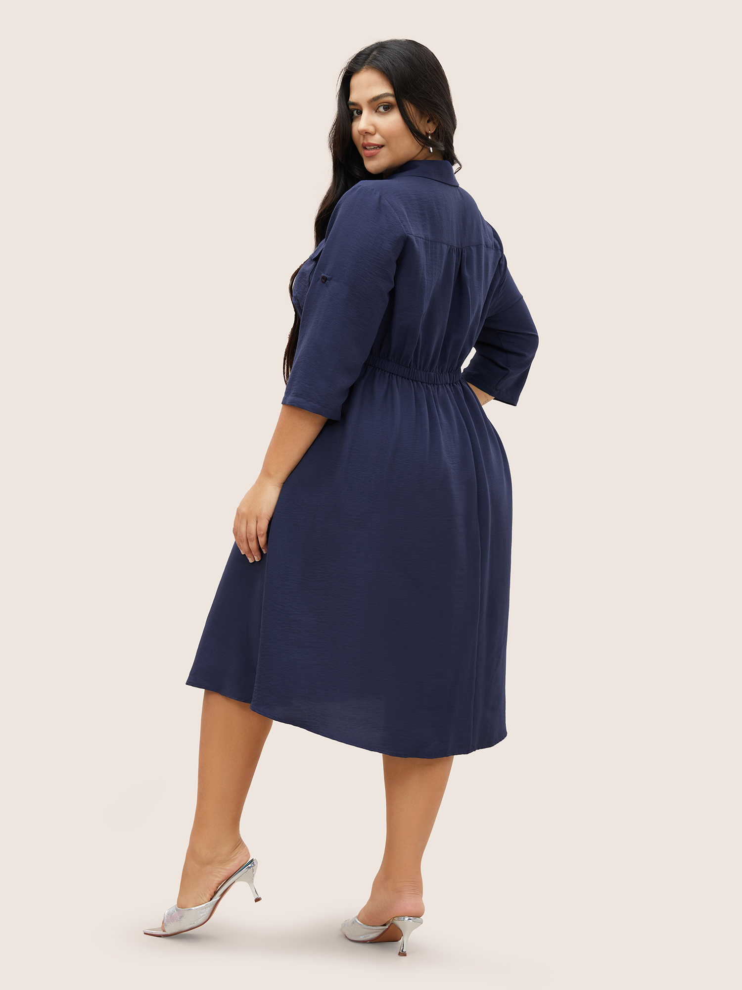 

Plus Size Flap Pocket Half Zip Tab Sleeve Dress DarkBlue Women At the Office Gathered Polo Elbow-length sleeve Curvy Midi Dress BloomChic