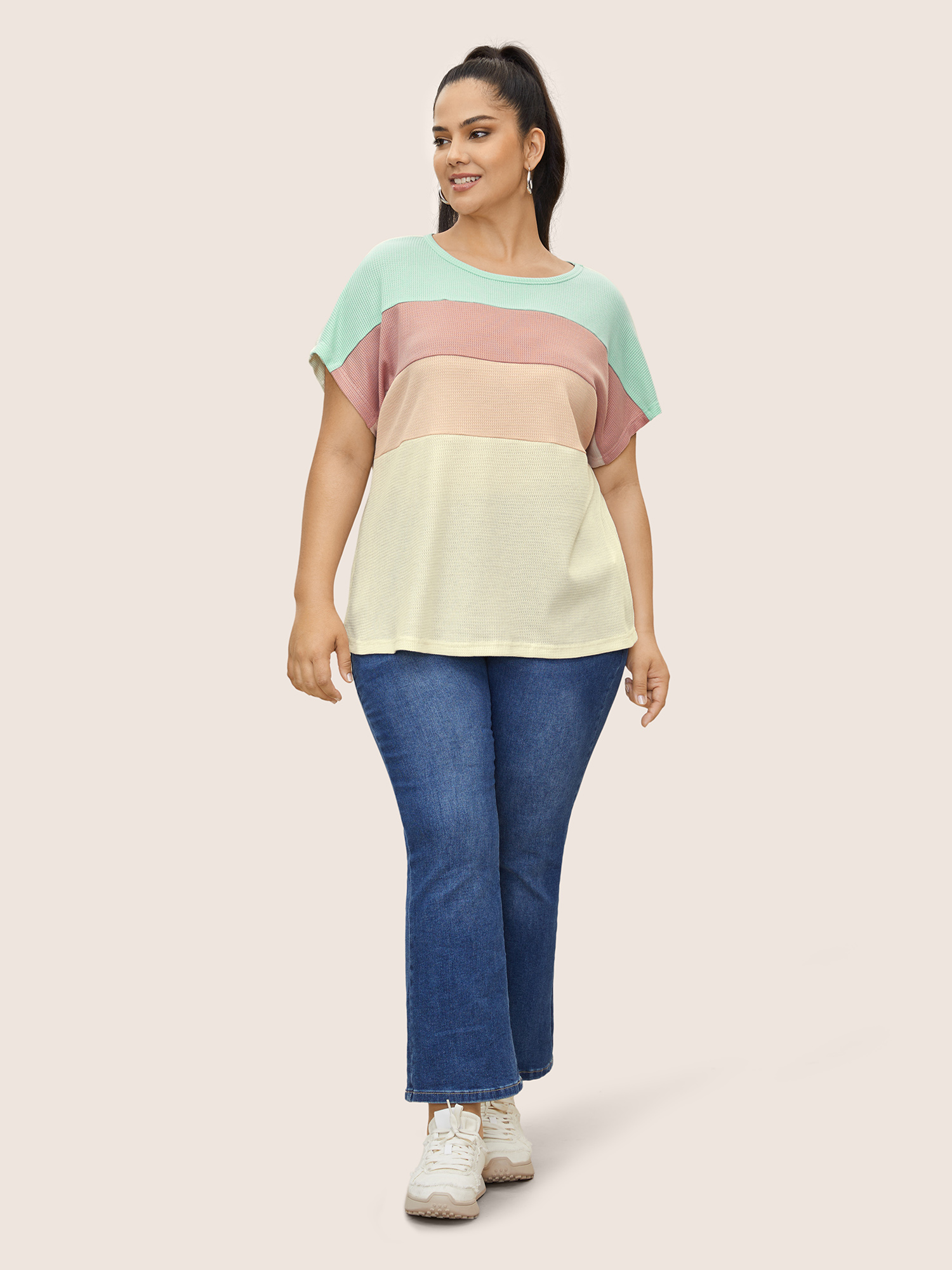 Plus Size Waffle Knit Colorblock Contrast Dolman Sleeve T-shirt Multicolor Women Casual Texture Round Neck Everyday T-shirts BloomChic 30/6X 