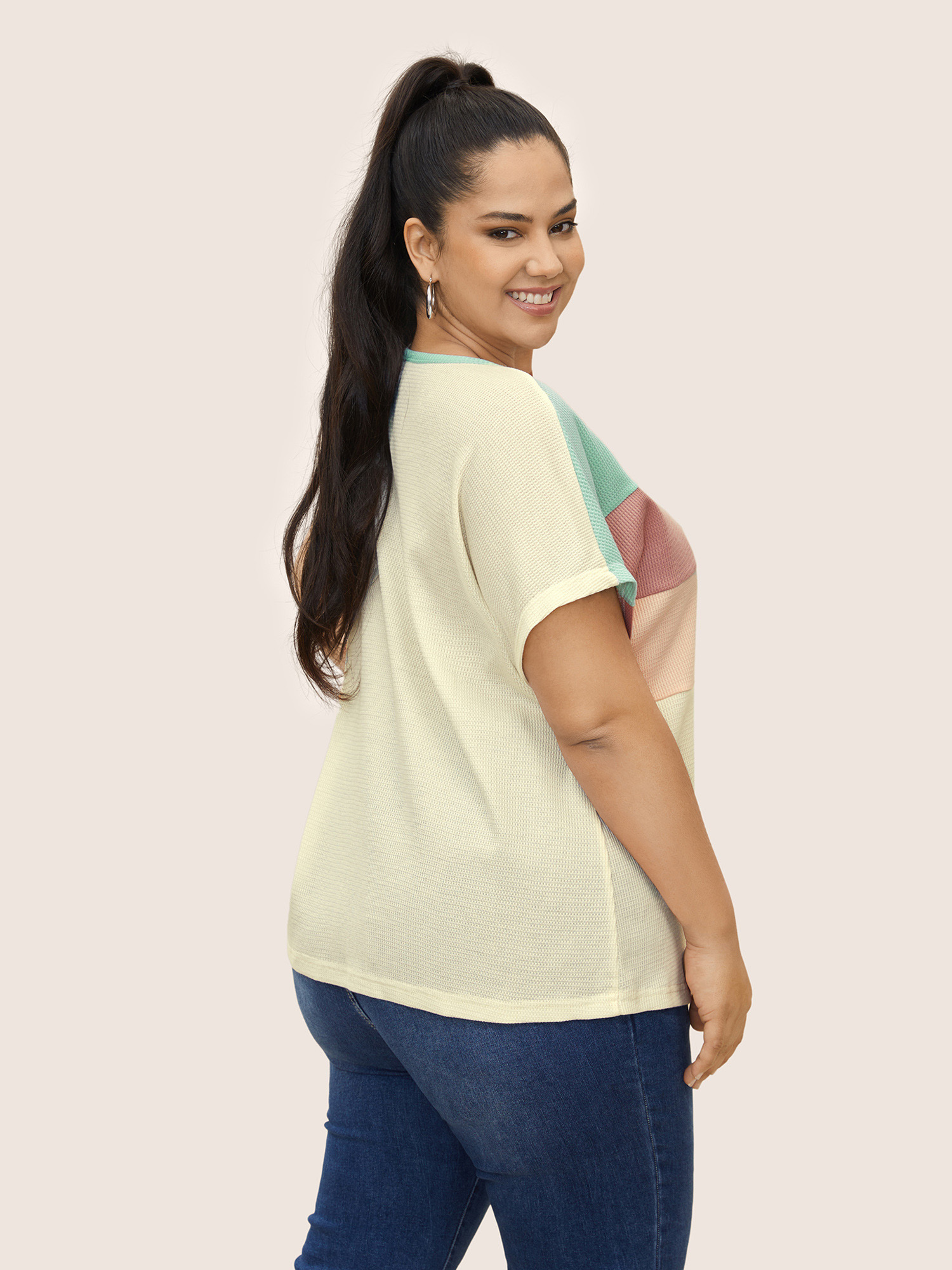 Plus Size Waffle Knit Colorblock Contrast Dolman Sleeve T-shirt Multicolor Women Casual Texture Round Neck Everyday T-shirts BloomChic 30/6X 