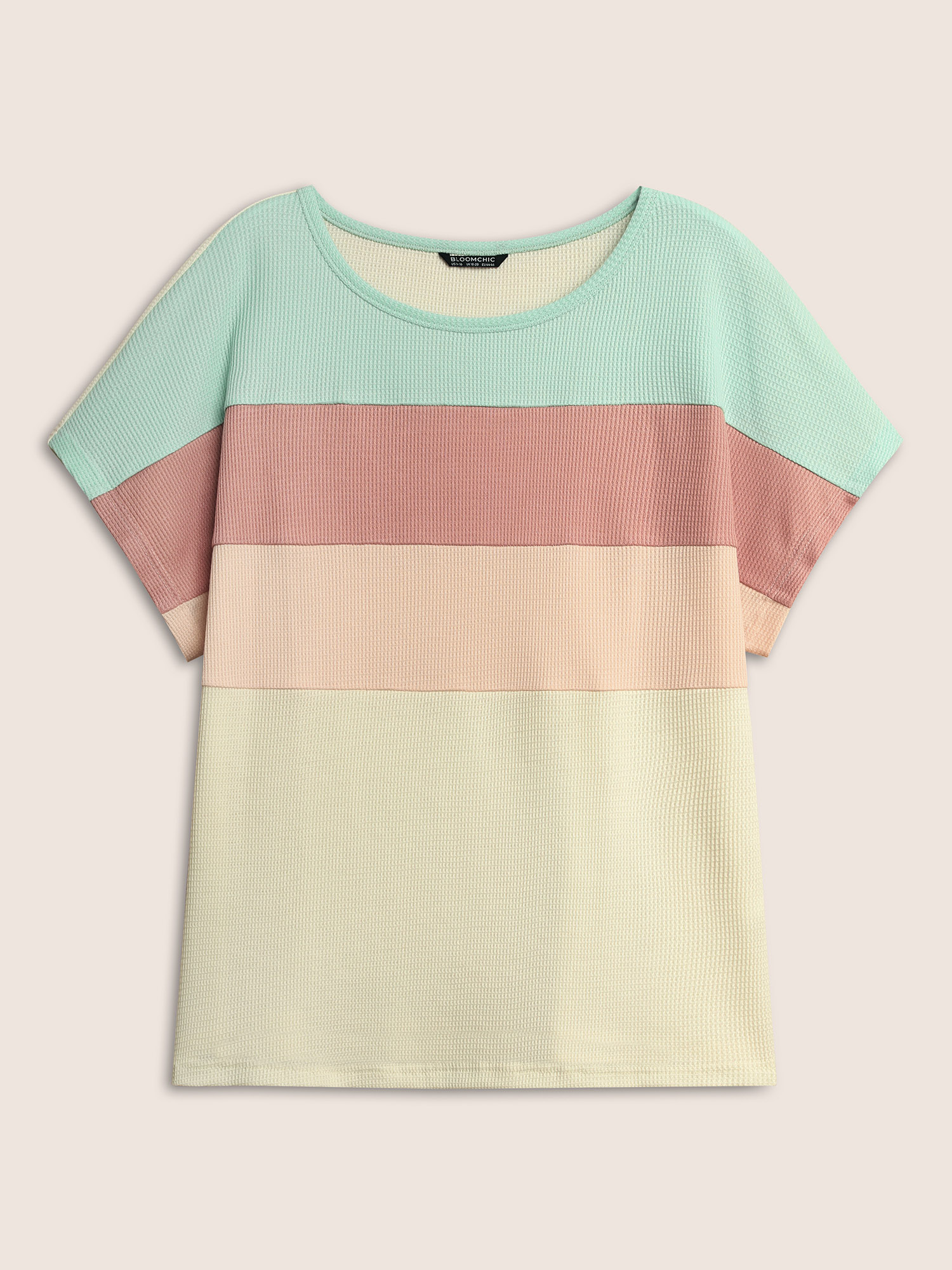 Plus Size Waffle Knit Colorblock Contrast Dolman Sleeve T-shirt Multicolor Women Casual Texture Round Neck Everyday T-shirts BloomChic 30/6X 