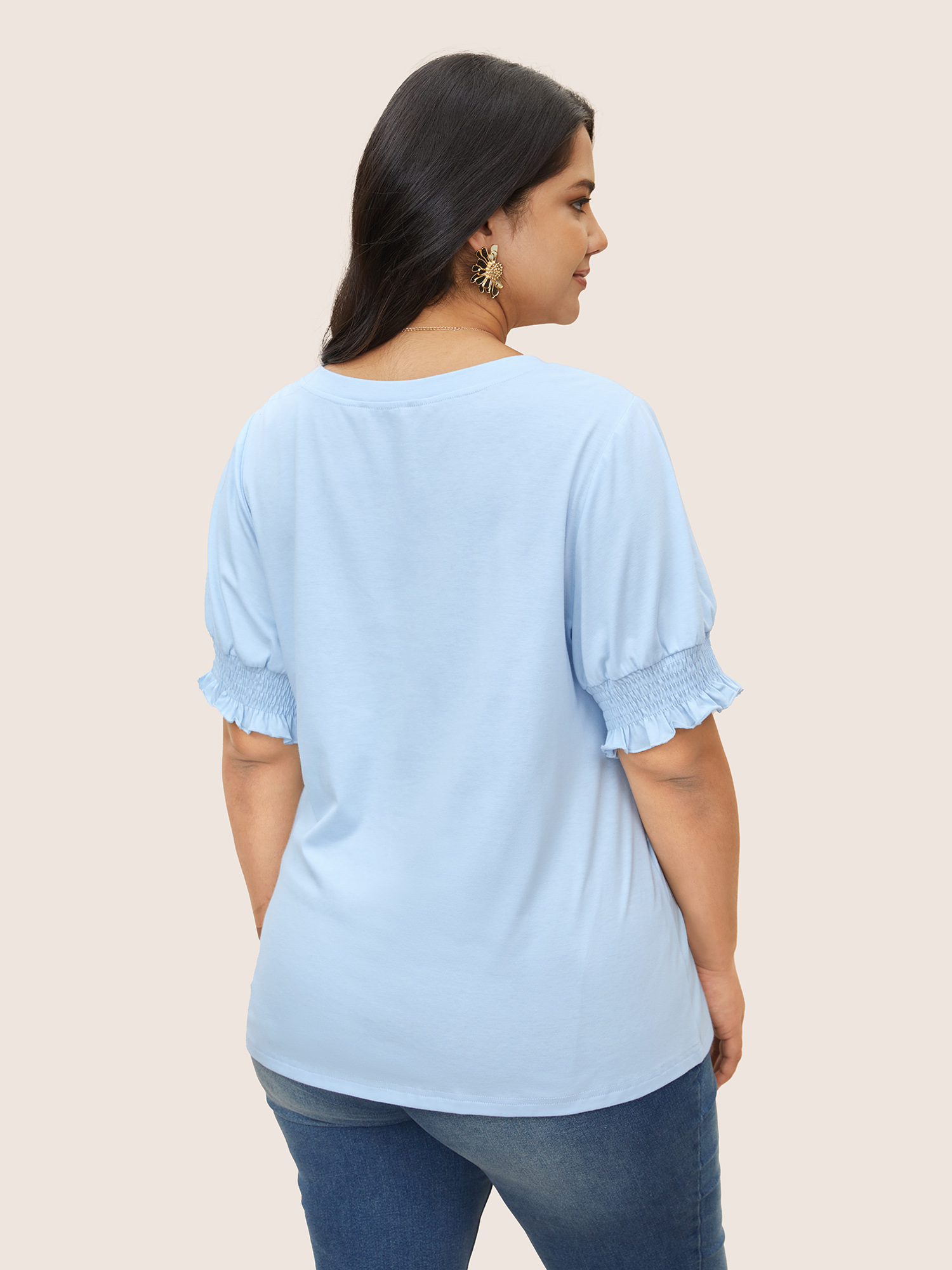 

Plus Size Round Neck Solid Shirred Puff Sleeve T-shirt LightBlue Women Elegant Shirred Round Neck Everyday T-shirts BloomChic