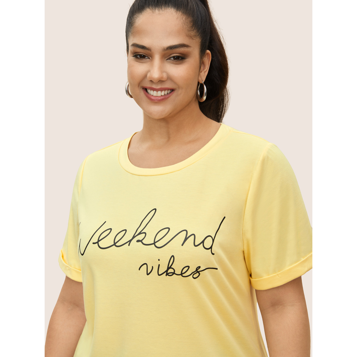 

Plus Size Positive Slogan Print Cuffed Sleeve T-shirt Yellow Women Casual Contrast Positive slogan Round Neck Everyday T-shirts BloomChic