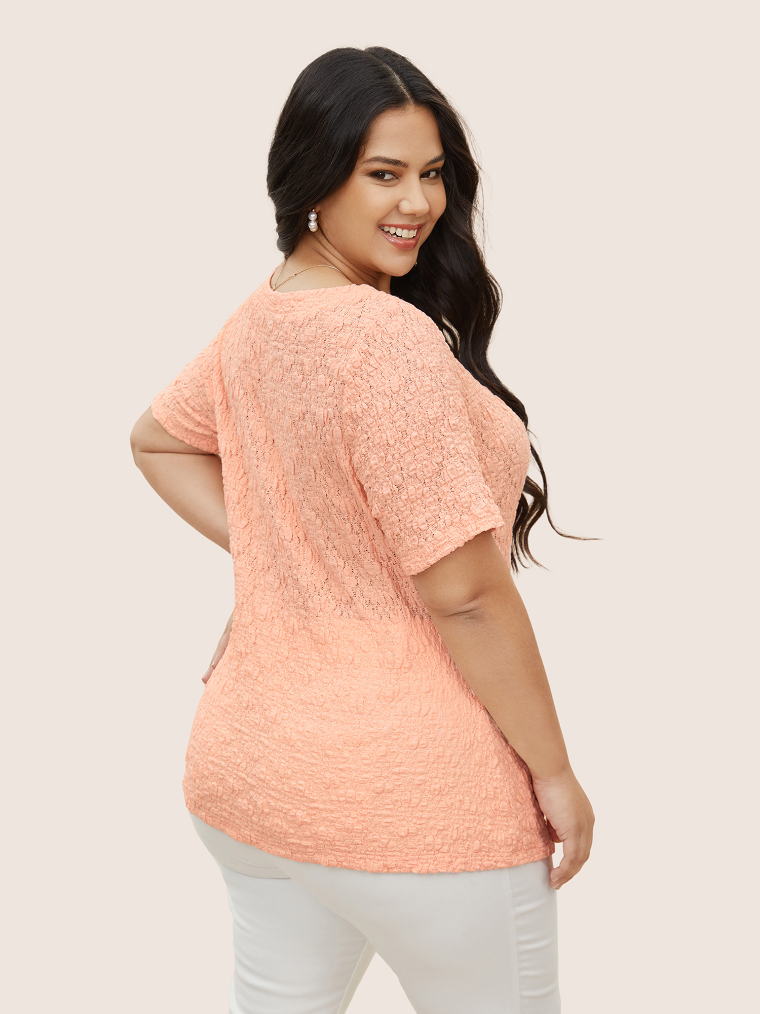 Plus Size Solid Texture Jacquard Crew Neck T-shirt Crepe Women Elegant Texture Round Neck Everyday T-shirts BloomChic 10/M 